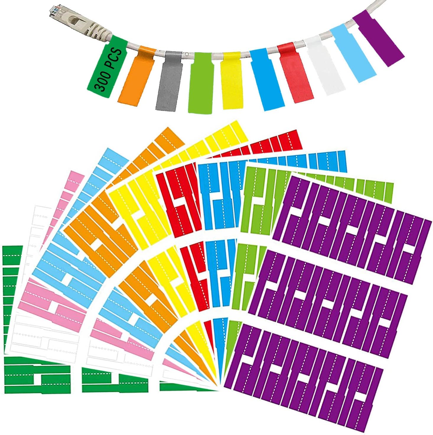 Detalle de ZhenSFlourish kabellabels, 300 zelfklevende etiketten in 10 kleuren