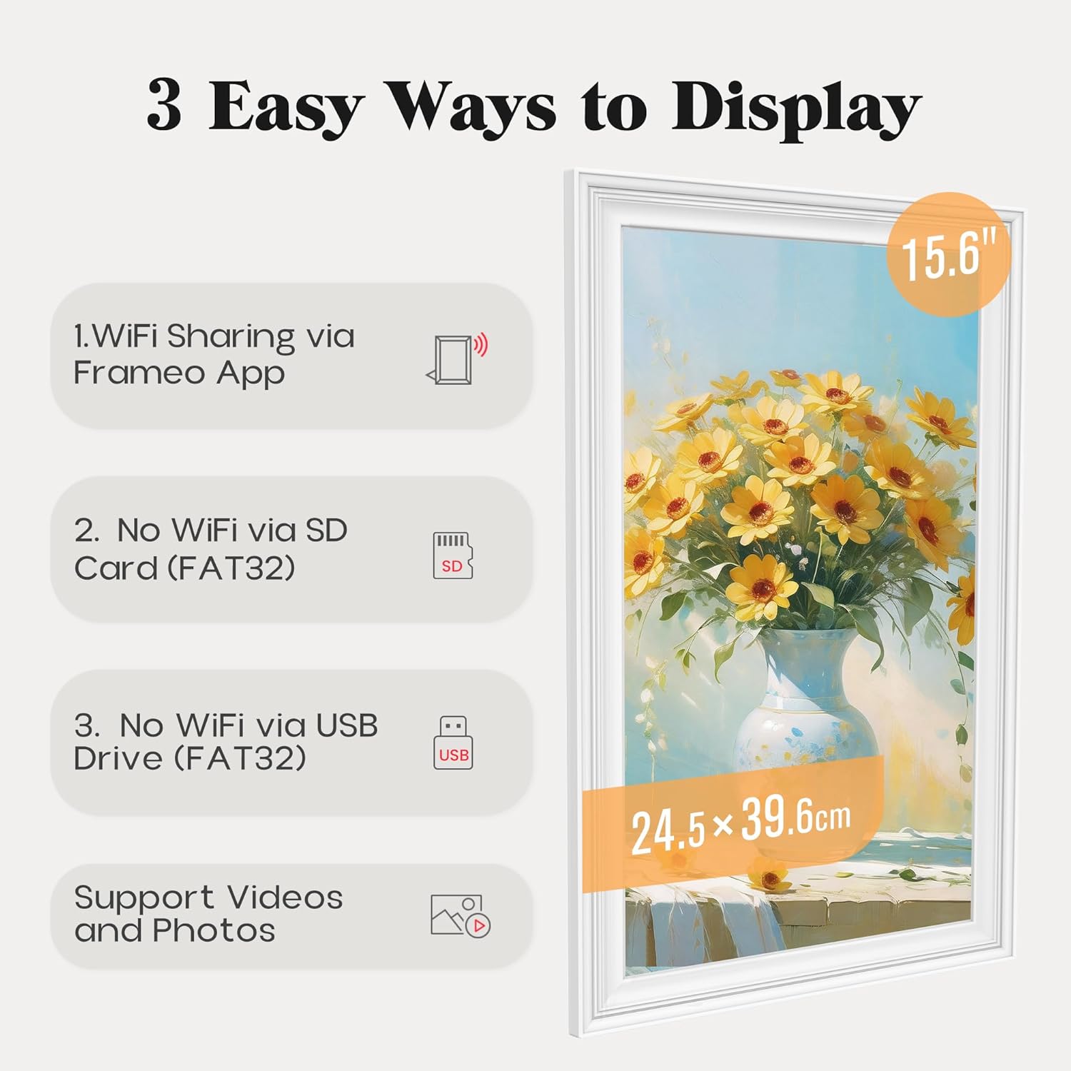 Detalle de 64GB 15.6" Frameo WiFi Digital Photo Frame with 1920x1080 IPS Touch – Wall Mountable, Auto Rotate and Video Sharing