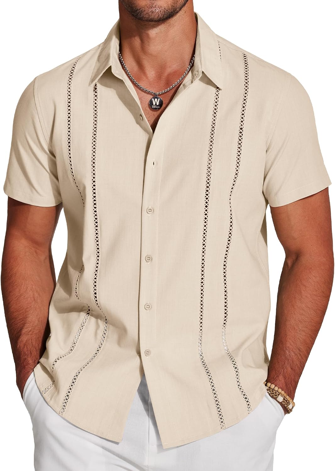 Detalle de COOFANDY Men's Cuban Guayabera Shirt - Short Sleeve Linen-Blend for Summer
