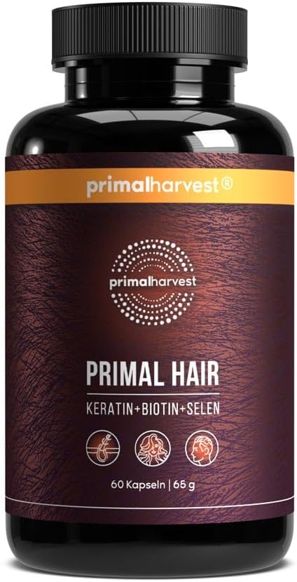 Detalle de Primal Harvest Hair Complex – Complément vitalité des cheveux, riche en kératine, biotine, zinc et vitamines B (60 gélules, sans saveur)