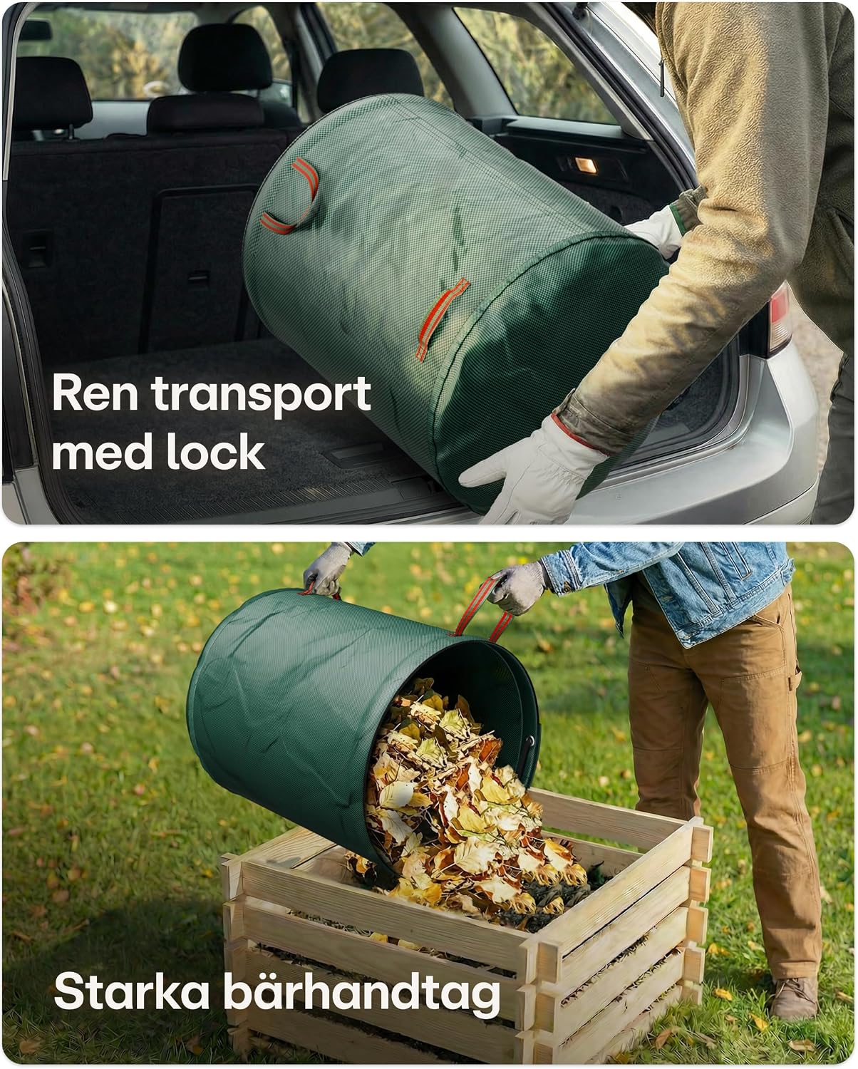 Detalle de Praknu lövsäckar med lock, 300 liter, fyra handtag och hopfällbar design