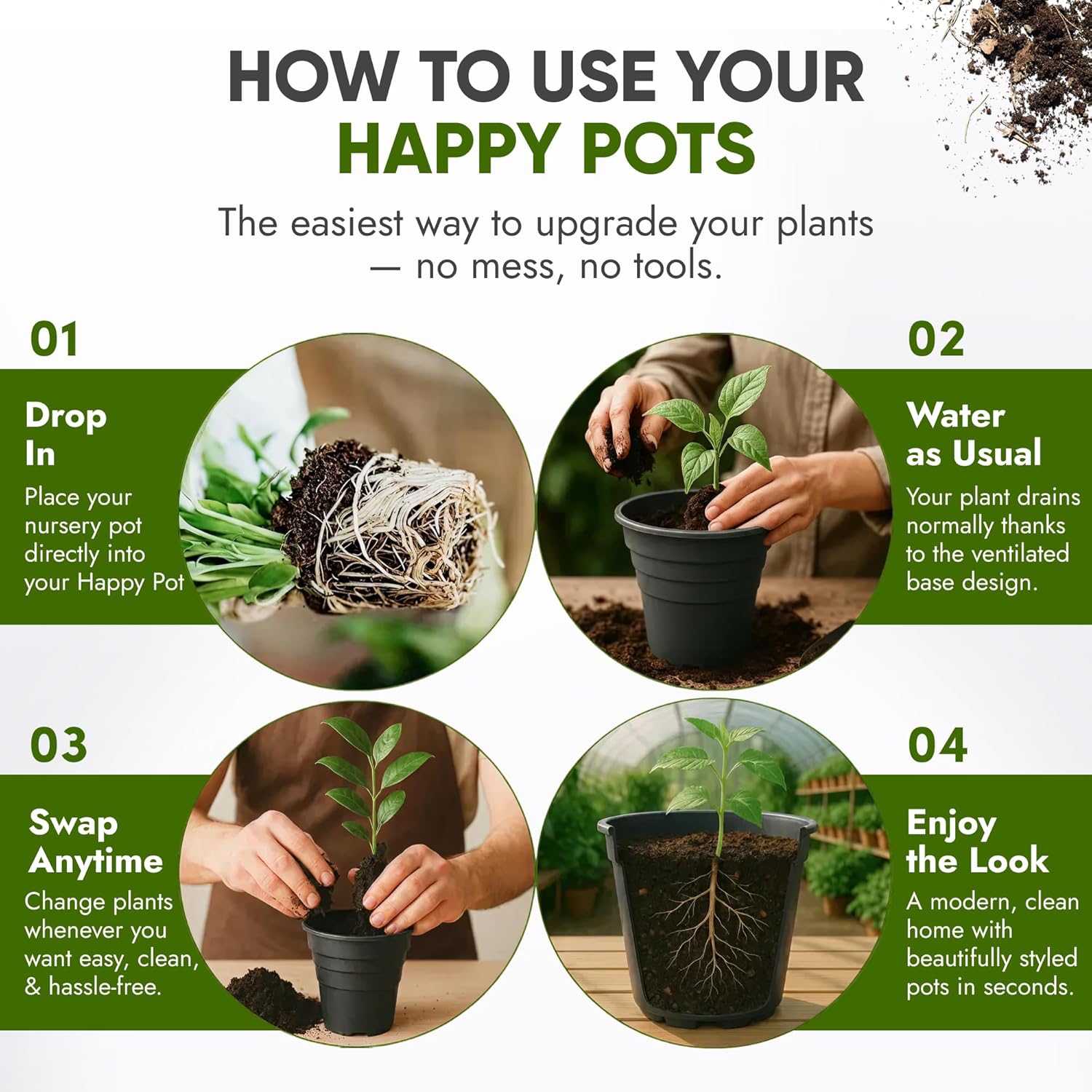 Thumbnail 5 de Happy Pots 12.5cm Gloss Black – Pack of 20 Premium Plastic Plant Pots (Made in UK)