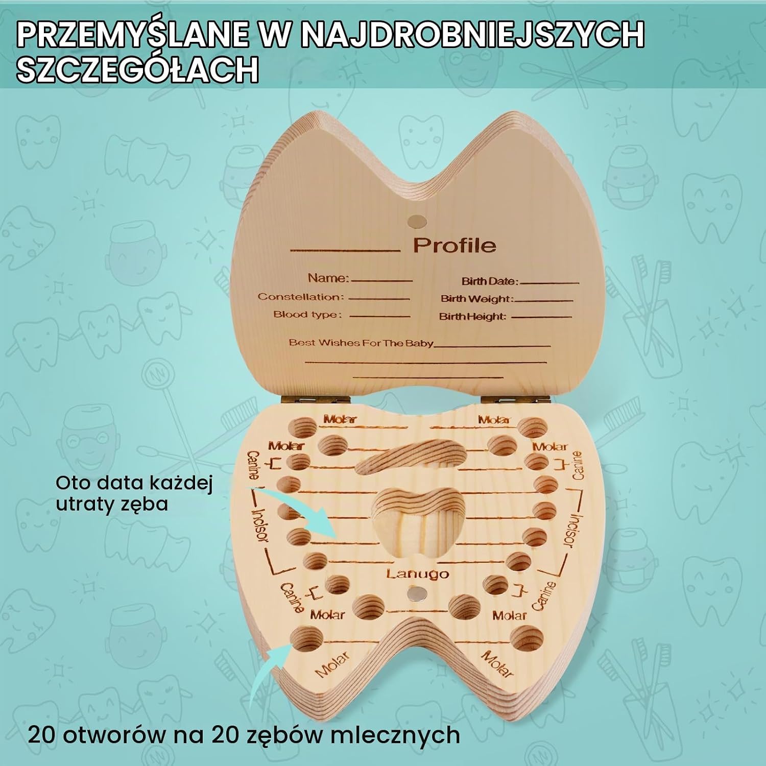 Detalle 2 de Aolso 3777338 – drewniane pudełko na mleczne zęby, 20 przegródek, sosna