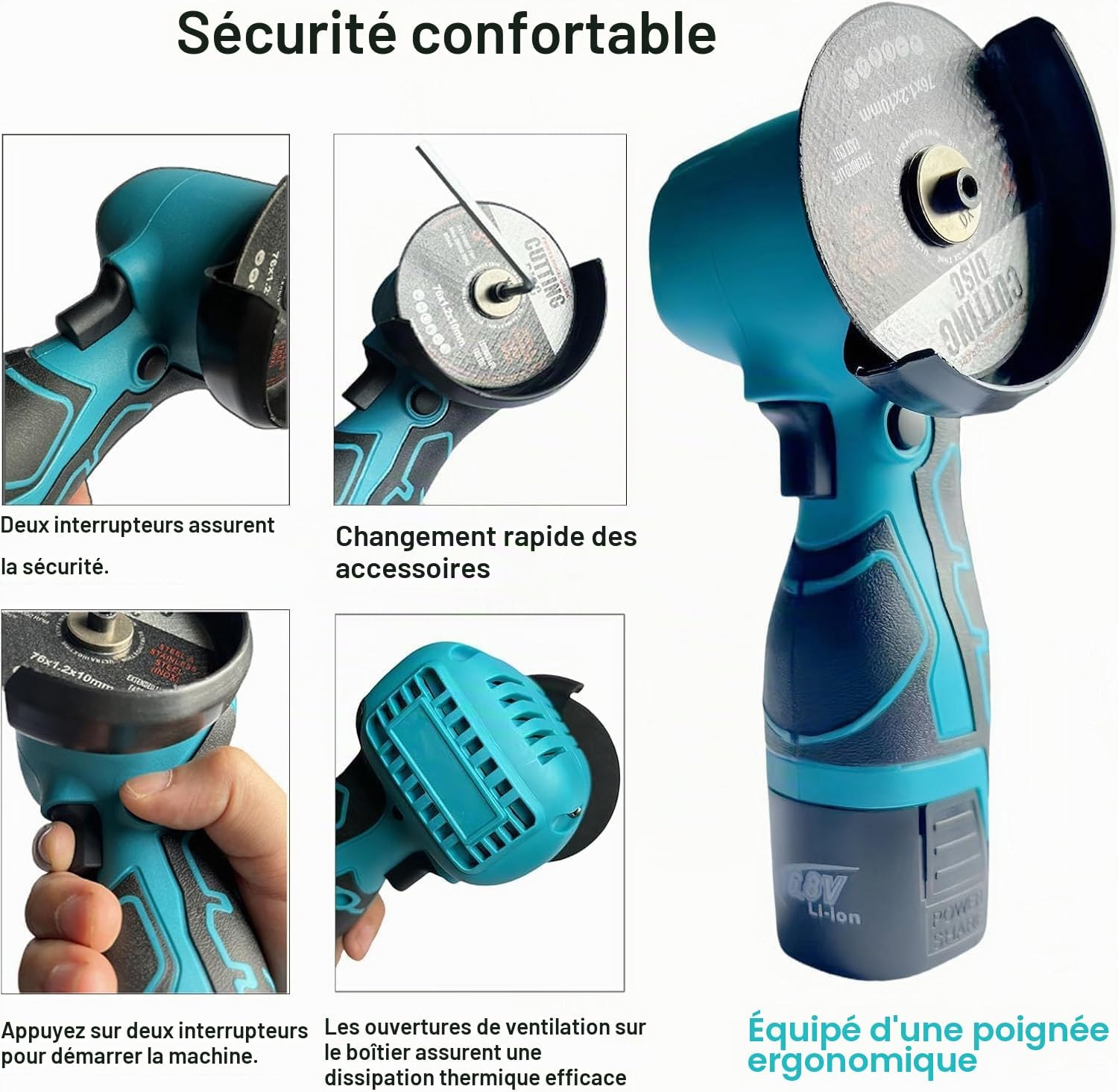 Detalle de Mini meuleuse sans fil 16,8 V – 76 mm, 2 batteries, 28000 tr/min