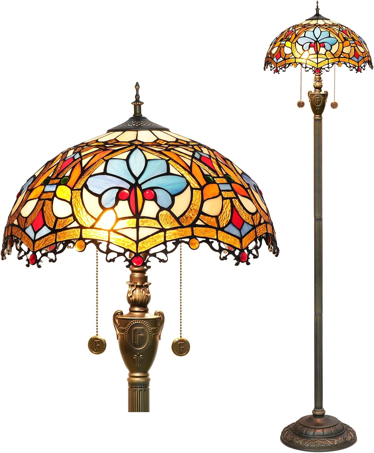 Detalle de Blivuself Tiffany Stehlampe – Buntglas, Vintage Bronze, E27 Doppel-Lichtquelle