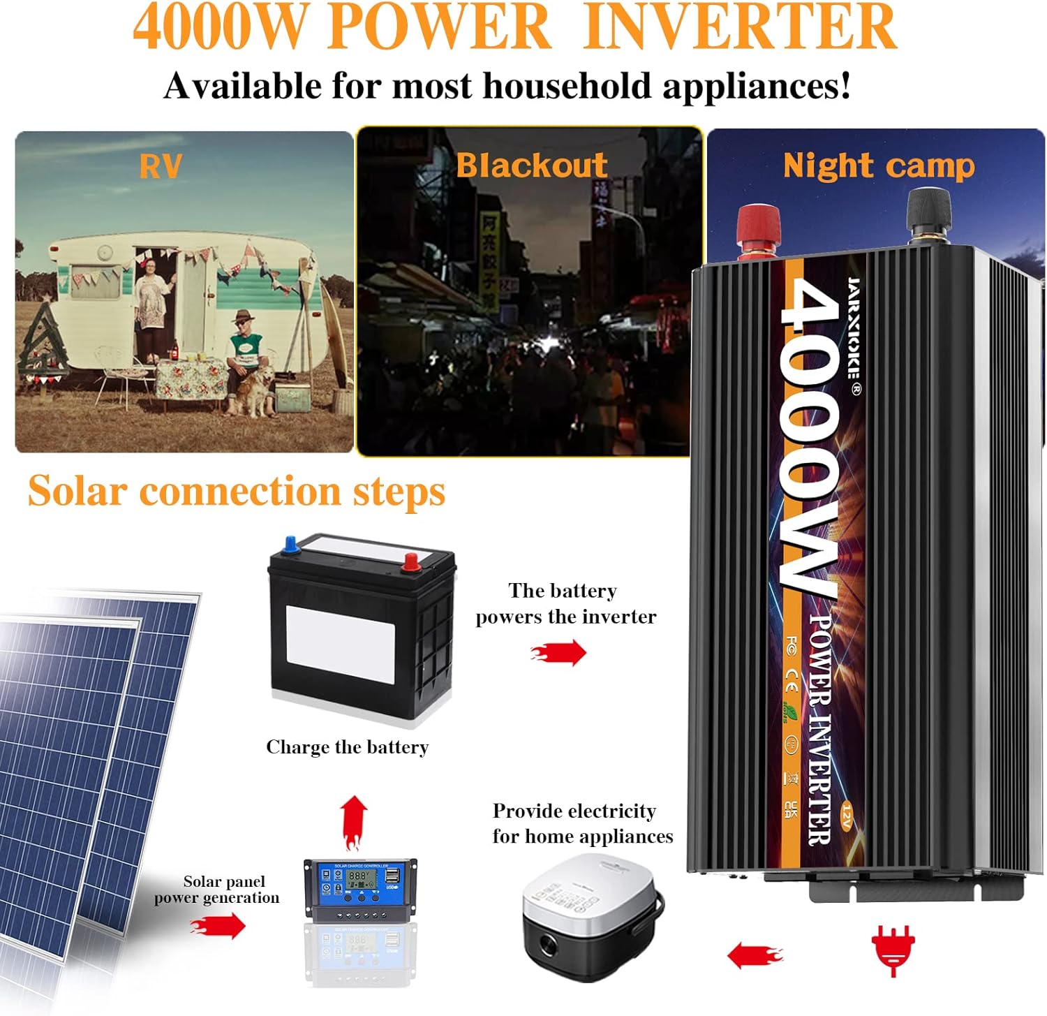 Detalle de JARXIOKE 4000W Power Inverter: 12V DC to 110/120V AC for RV, Off-Grid, and Travel