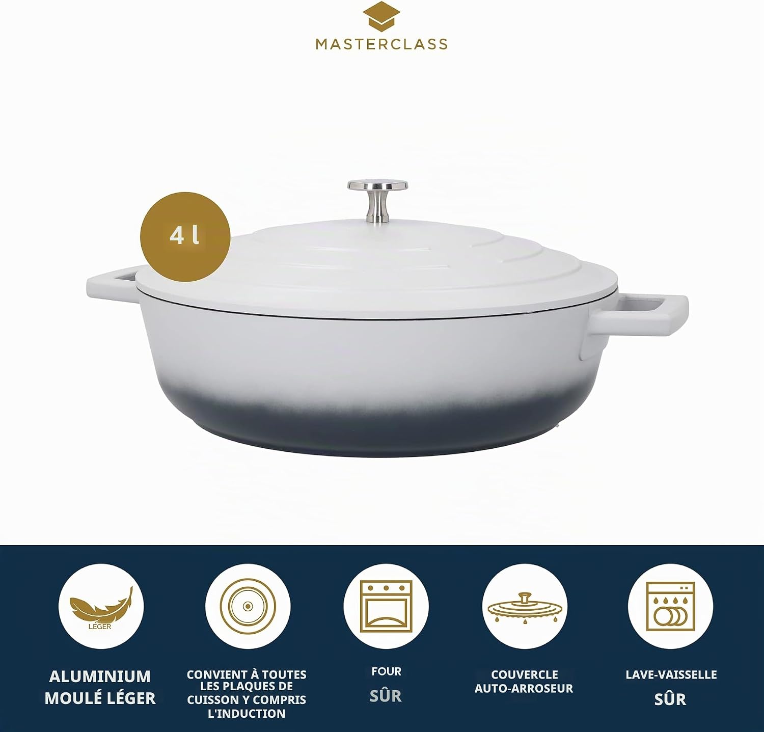Detalle de MasterClass Casserole peu profonde avec couvercle 4L/28 cm en fonte d'aluminium légère – Grey Ombre