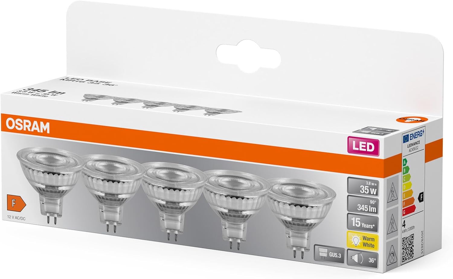 Detalle de OSRAM LED MR16 - 5 bombillas 3.8W blanco cálido 🌟