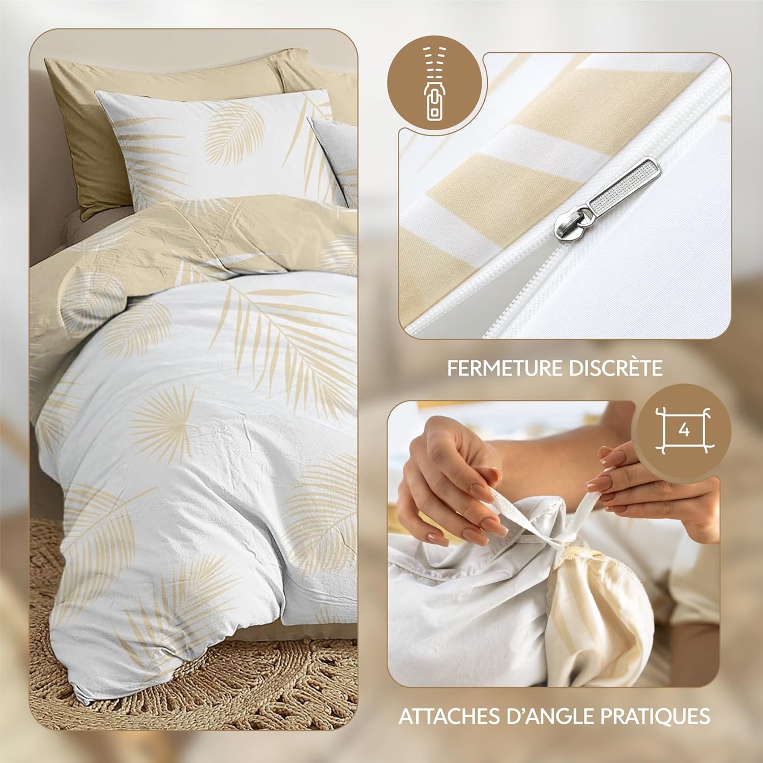 Thumbnail 3 de Dreamzie parure housse de couette 260 x 240 cm microfibre beige blanc avec 2 taies 65 x 65 cm