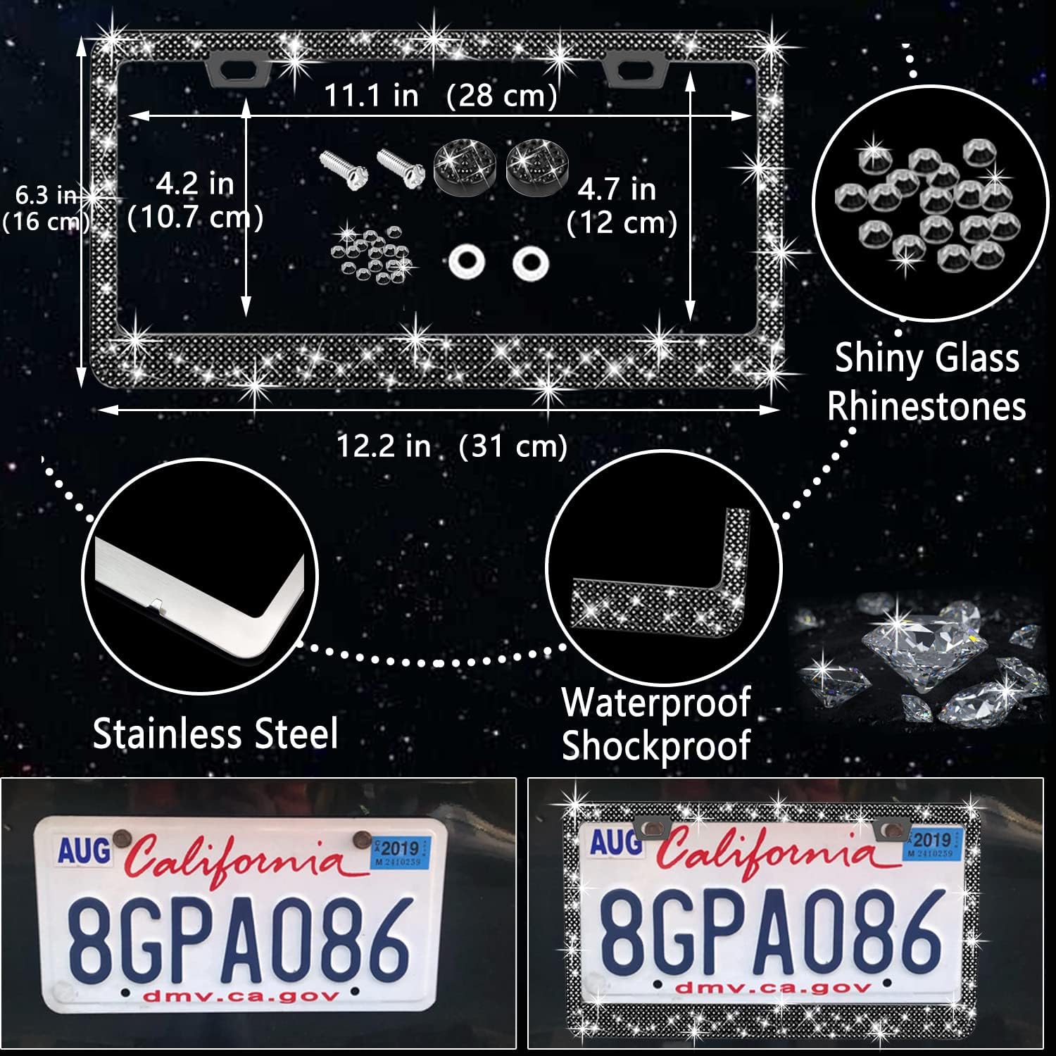 Detalle de NBTEPEM 27 PCs Black Bling Car Accessories Set for Women — Universal 15 Inch Steering Wheel Cover & More