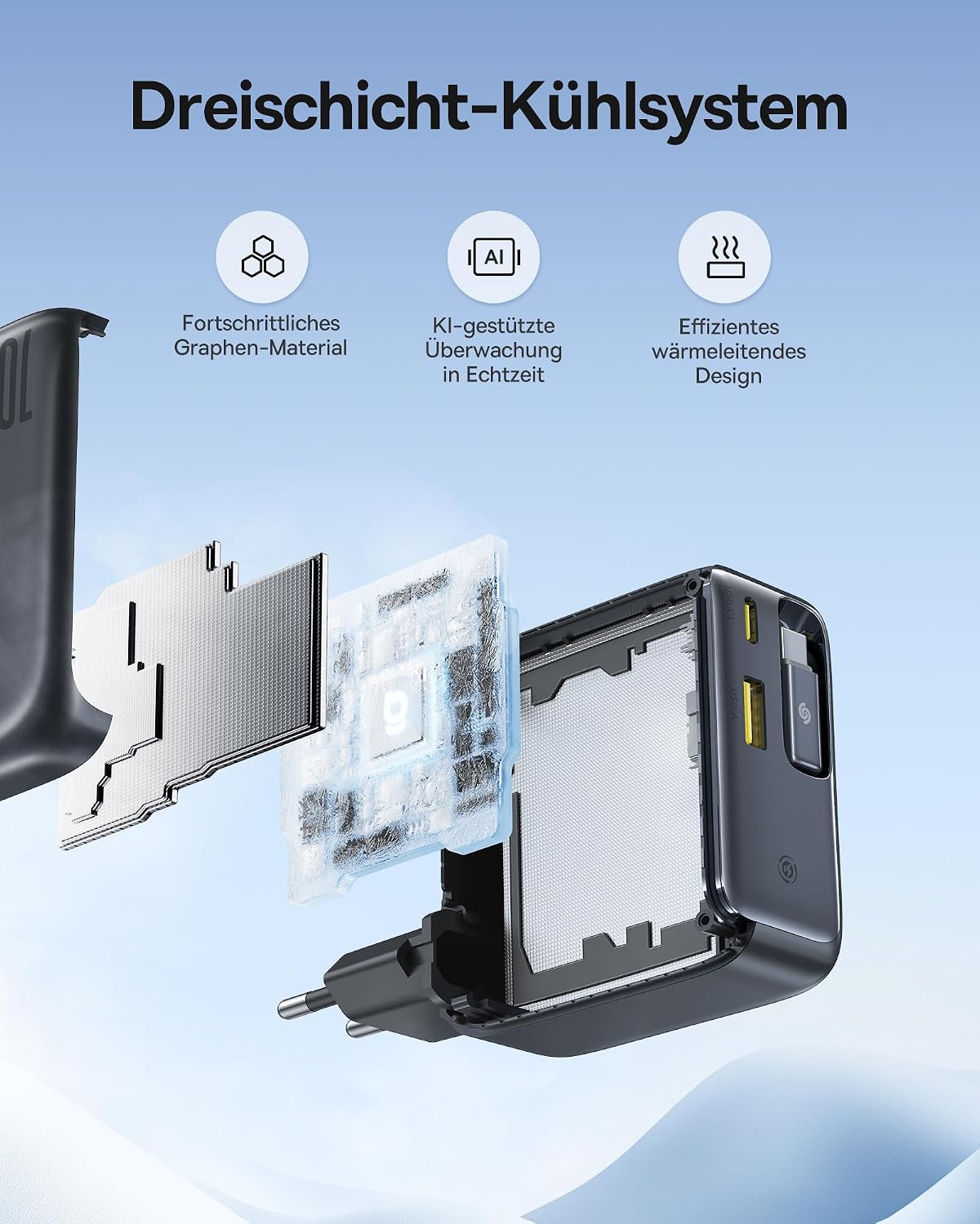 Detalle de Baseus Enercore USB-C 100W Ladegerät mit ausziehbarem Kabel und 3 Ports – GaN, kompakt und intelligentes Laden