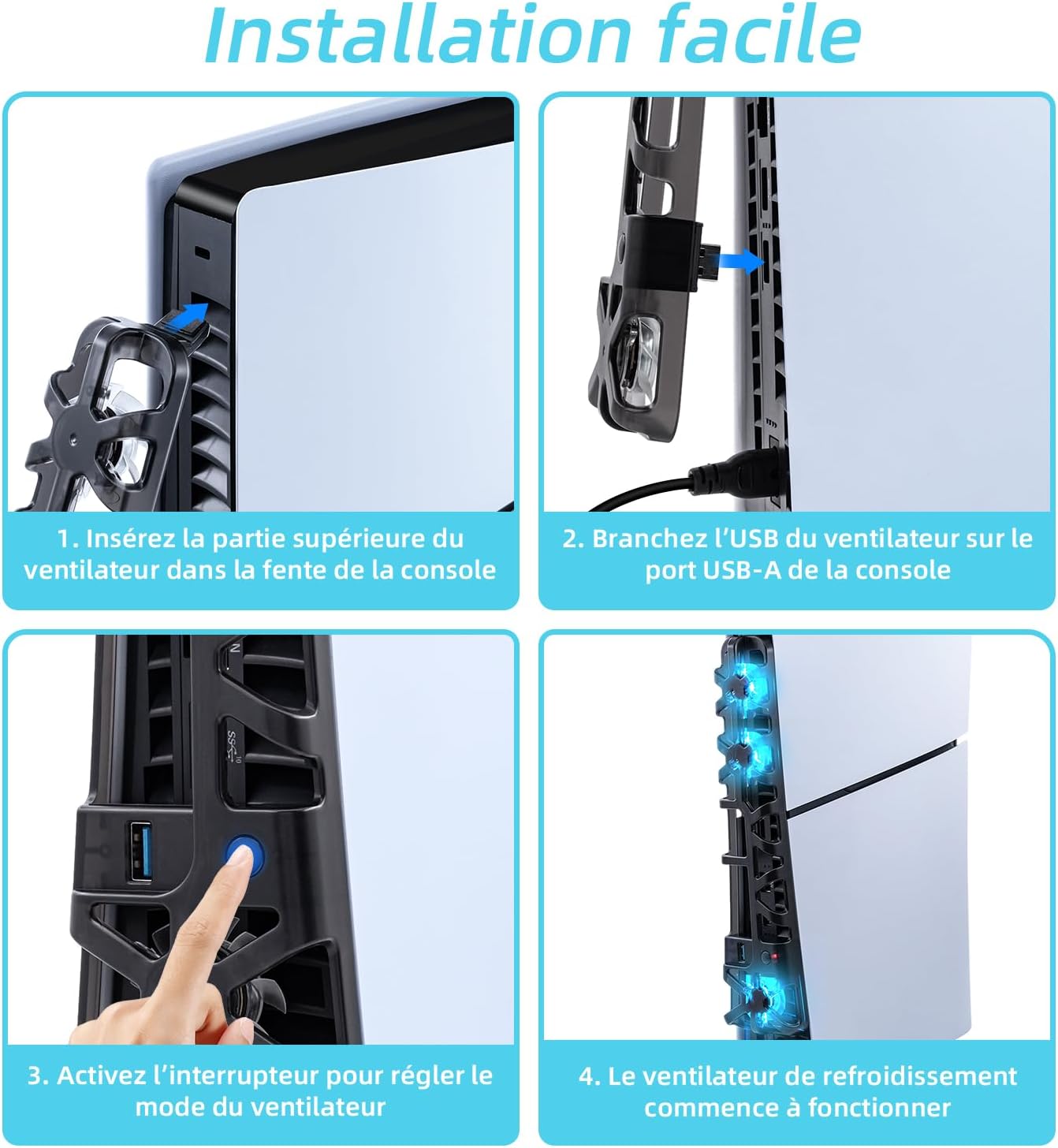 Thumbnail 6 de Tolesum Ventilateur de refroidissement pour PS5 Slim avec éclairage LED RGB (USB arrière) – Noir