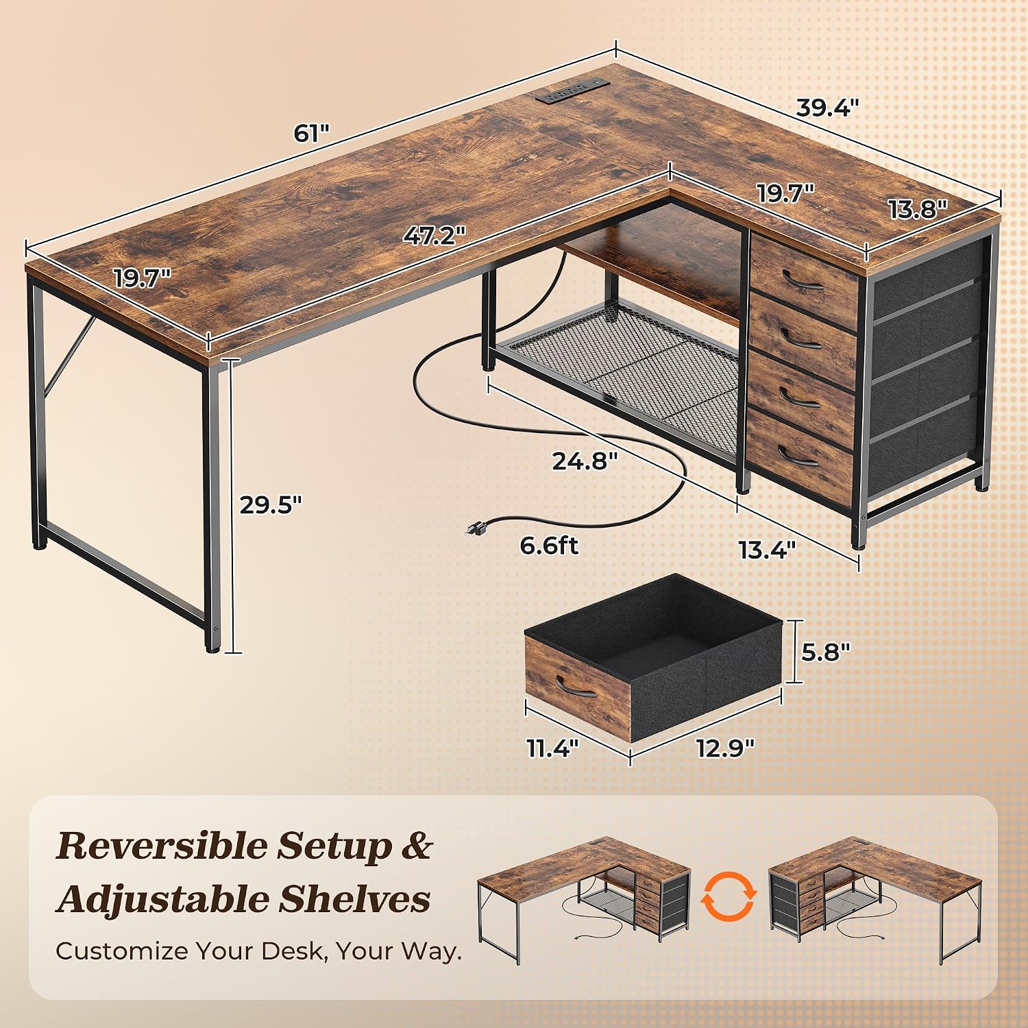Detalle de PRAISUN 61" L-Shaped Desk with Power Outlets, 4 Drawers, Rustic Brown