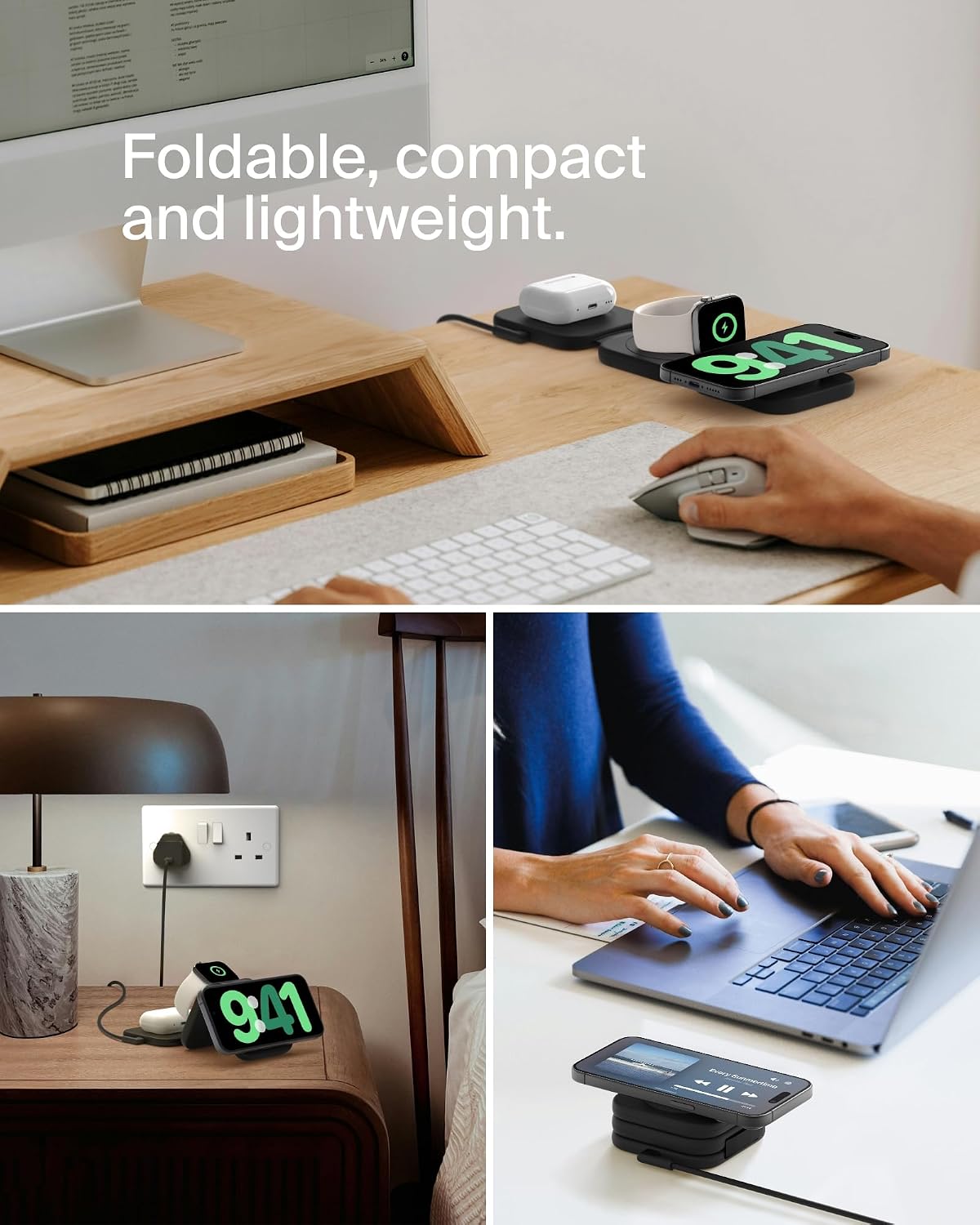 Detalle 2 de Belkin BoostCharge Pro Foldable Qi2-Certified 3-in-1 Wireless Charger Travel Pad (MagSafe-compatible, up to 15W)