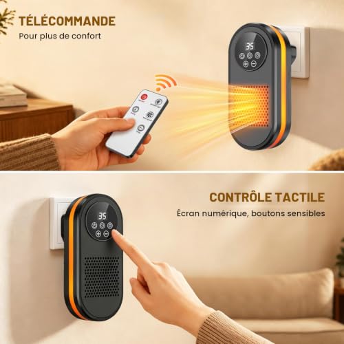 Detalle de Cakoai chauffage d’appoint mural céramique 1 200 W, 2 modes et minuterie