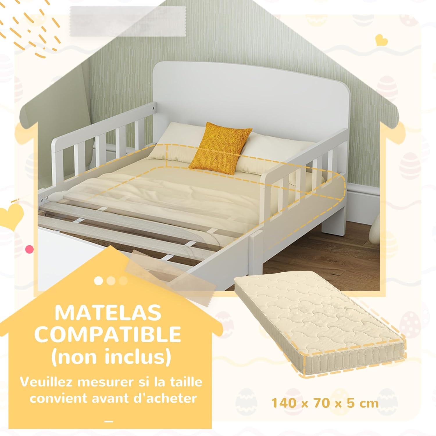 Thumbnail 5 de AIYAPLAY Lit Enfant au Sol avec Barrières et Cadre Robuste – 140 x 70 cm, Blanc