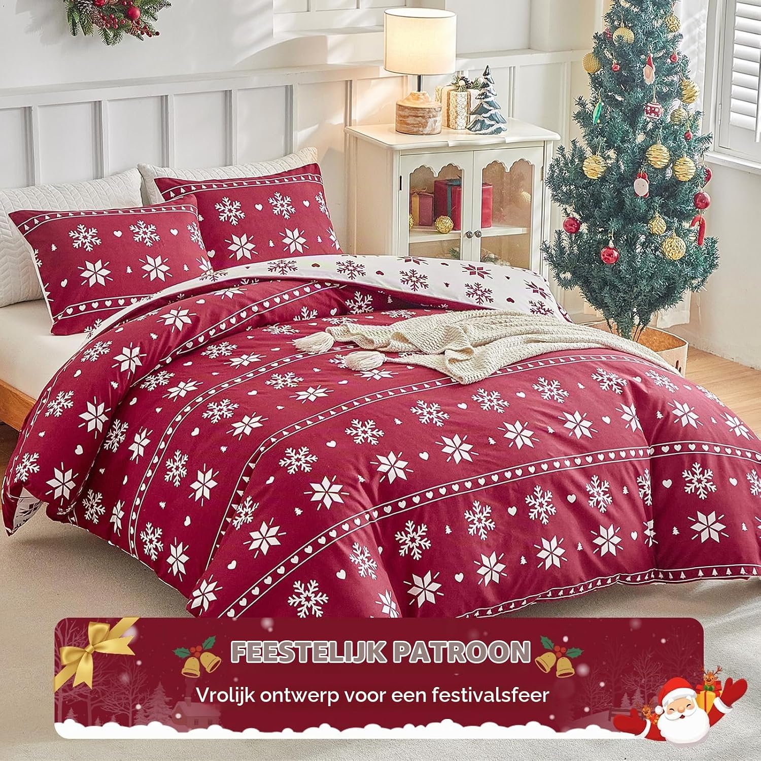 Detalle 2 de Tokokimo rood kerstdekbedovertrek 240 x 220 cm van microvezel met sneeuwvlokken
