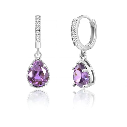 Detalle de Weviway Silver Amethyst Drop Earrings - Teardrop Crystals with Cubic Zirconia Accents