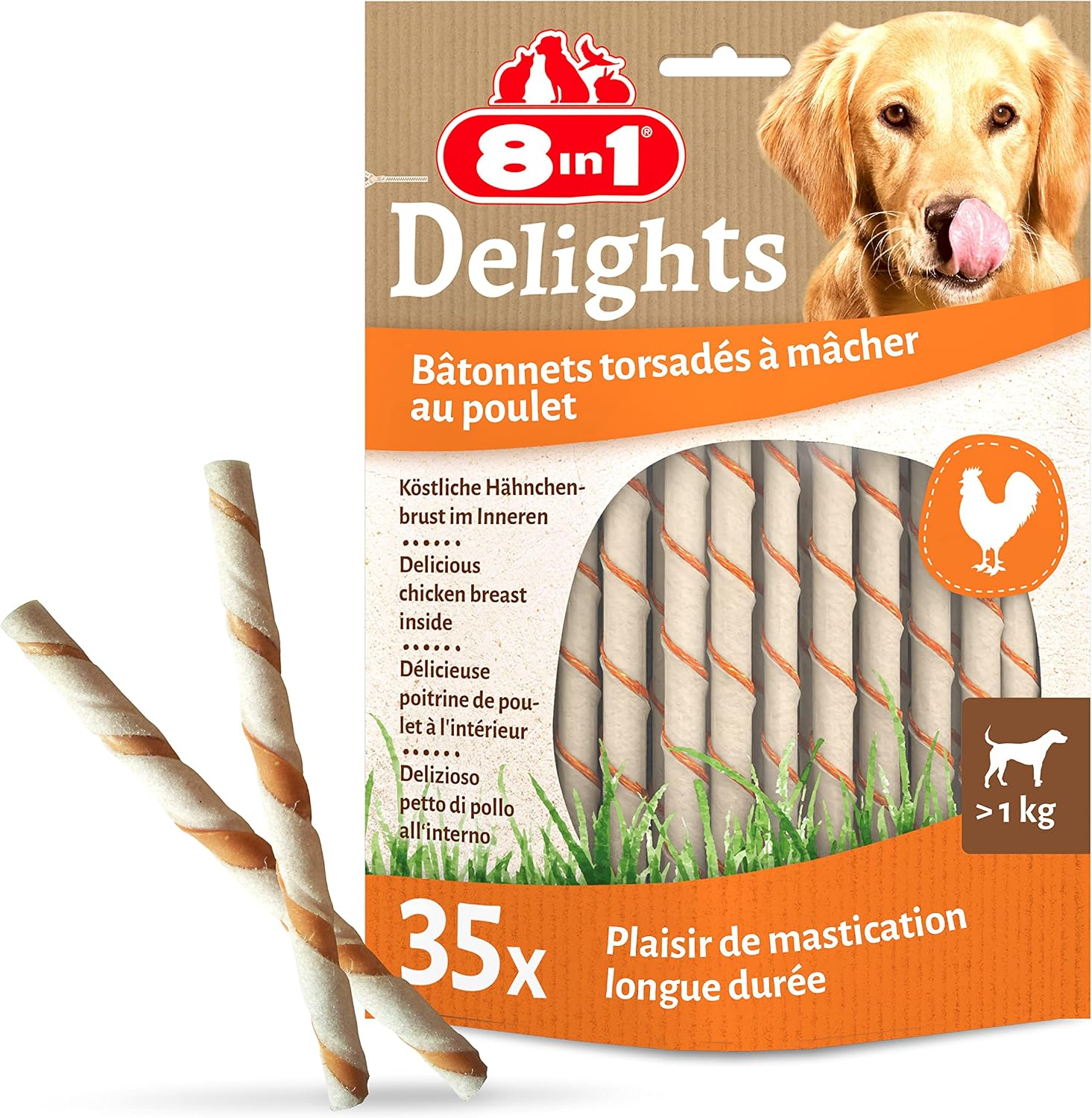 8in1 Delights Twisted Sticks - Sticks torsadés à Mâcher garnis de poulet pour Chien (35 pièces)
