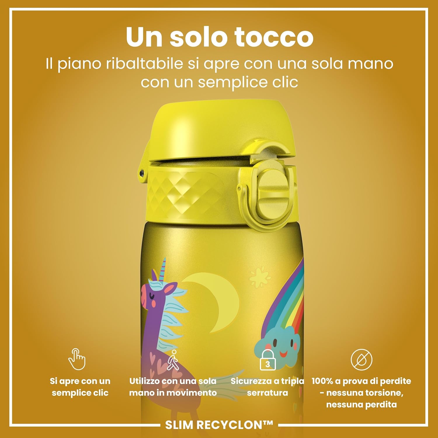 Detalle de Ion8 Borraccia 500 ml a prova di perdite – Unicorni Gialli, facile da aprire, lavabile in lavastoviglie e senza BPA