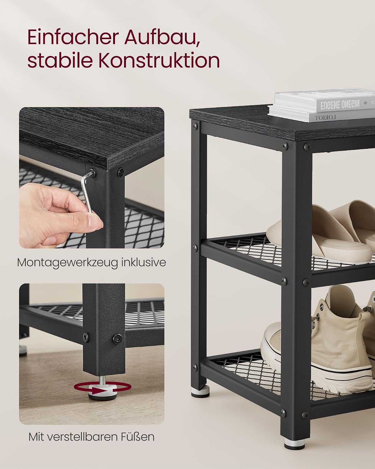 Detalle de VASAGLE Schuhbank LBS073B06 – Schuhregal mit 2 Gitterablagen, 30 x 73 x 45 cm, Ebenholzschwarz