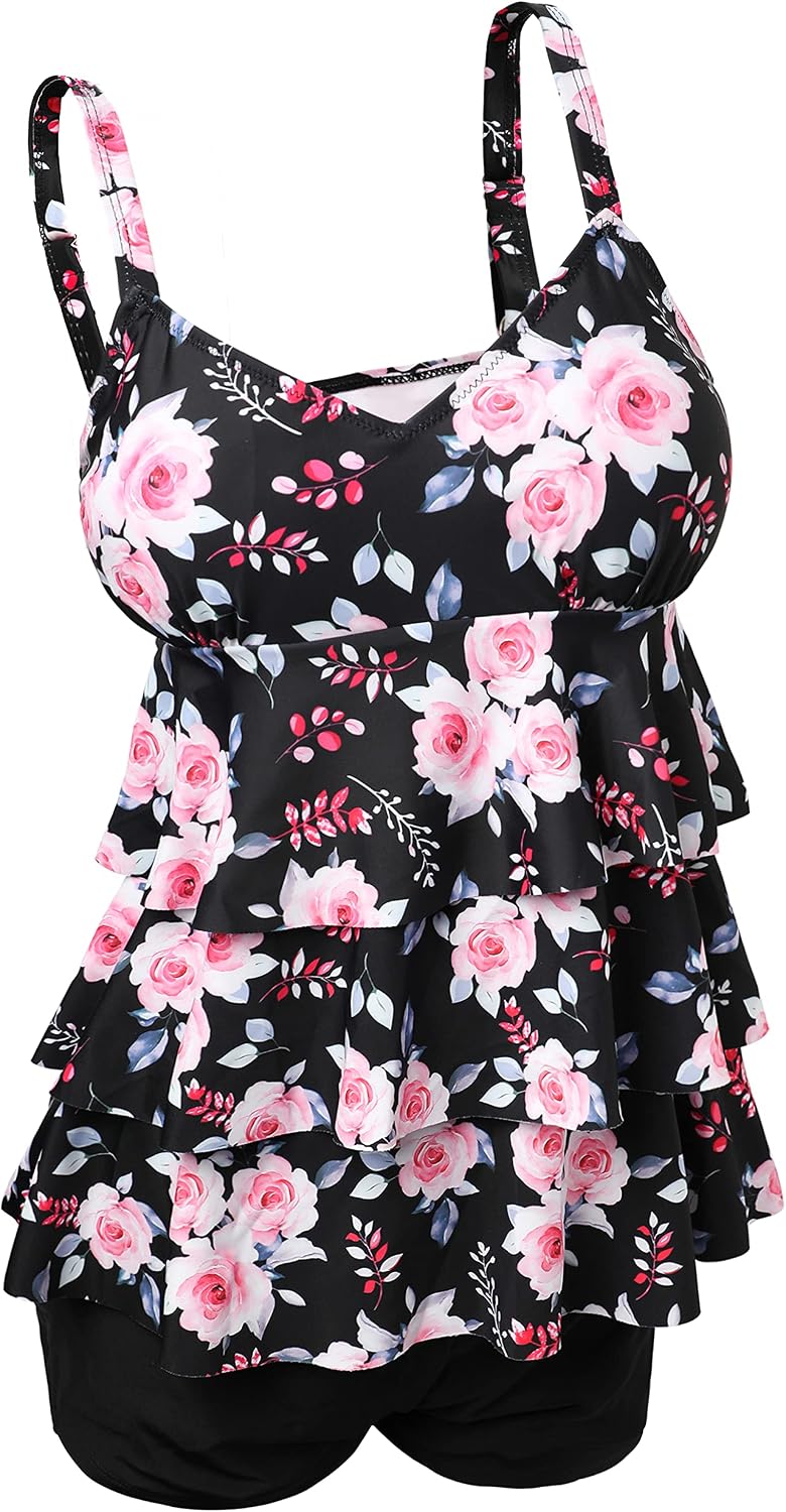 Thumbnail 6 de ECUPPER Womens Tankini Sets: Ruffled Flounce Top with Printed Shorts, 2-Piece Plus Size Swimwear