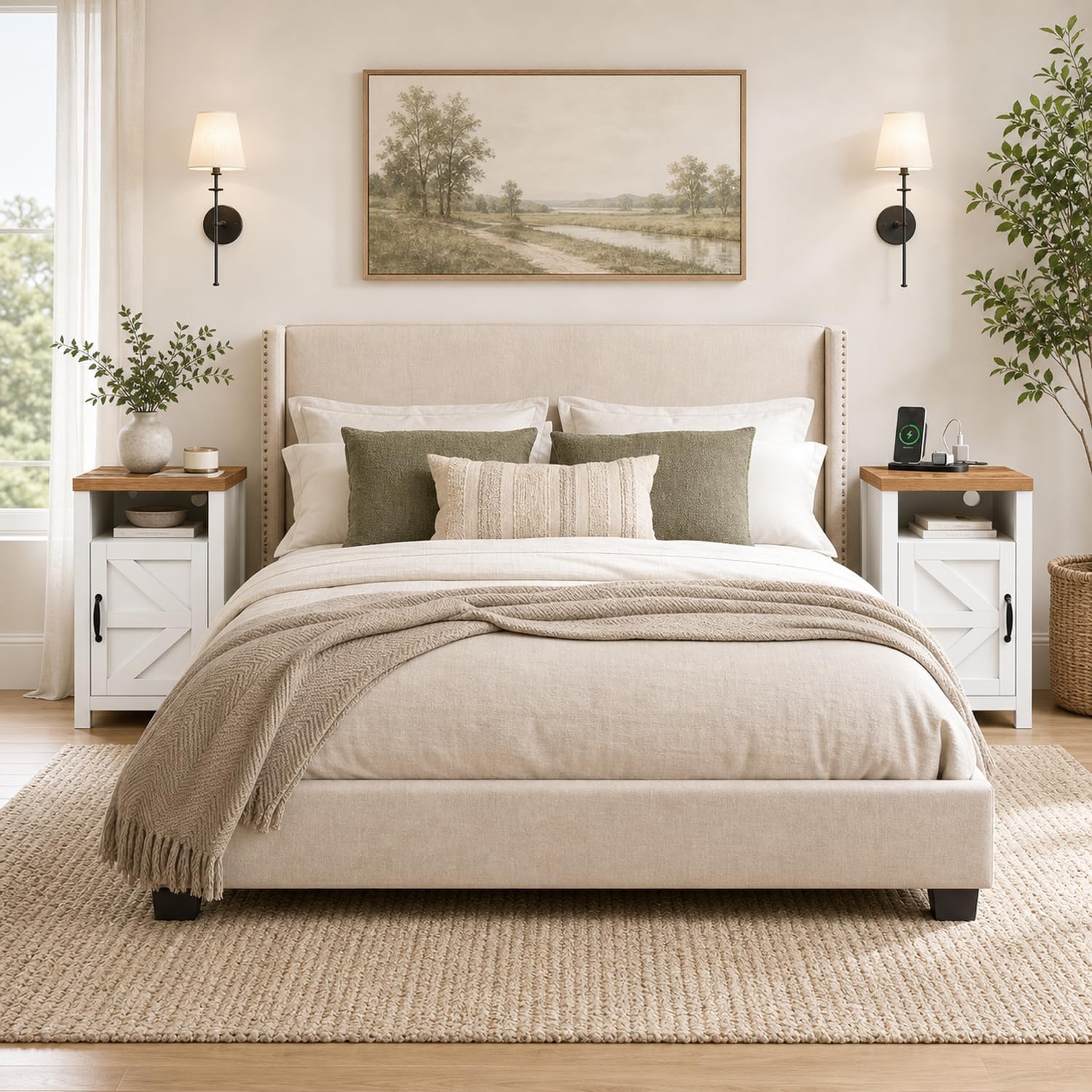 Detalle 2 de Treesland Farmhouse Nightstand Set of 2 with USB Charging and Barn-Door Storage