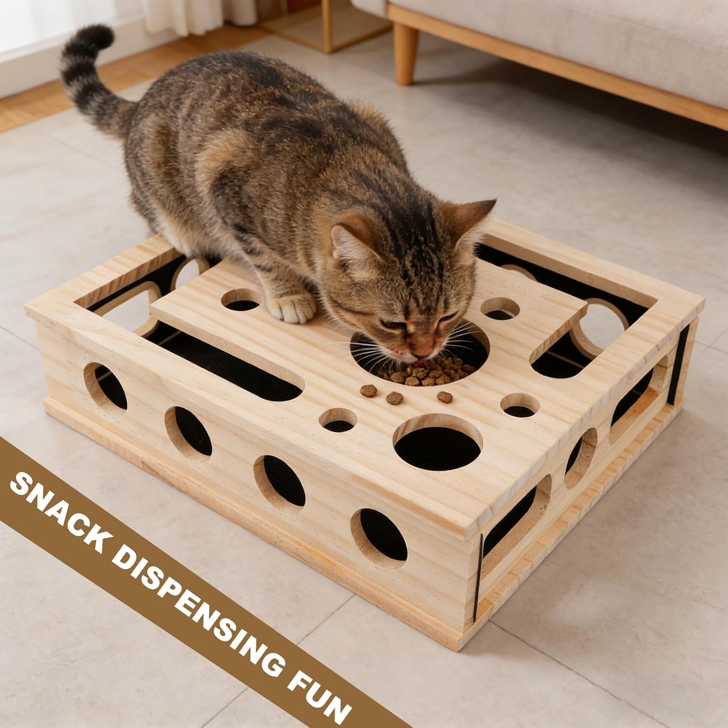 Detalle de Cat Scratch Puzzle Enrichment Box: Interactive Wooden Maze for Indoor Cats (30×25×8cm)