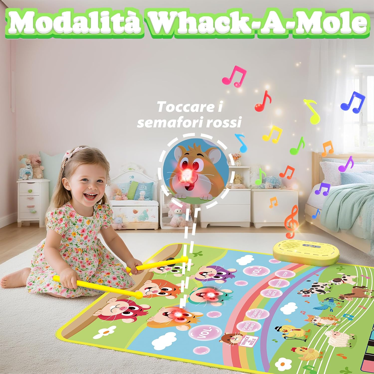 Detalle de MOMUSE Tappeto Musicale con Gioco Colpisci la Talpa 3 in 1 – Tappeto Pianoforte per Bambini 1–5 anni