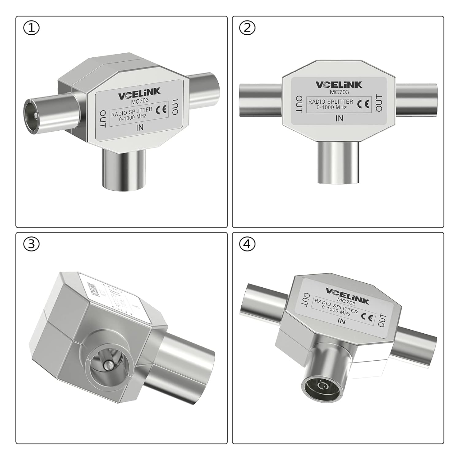 Detalle 2 de VCELINK TV Aerial Coax Splitter (2-Way) 0–1000MHz – 1x IEC In to 2x IEC Out