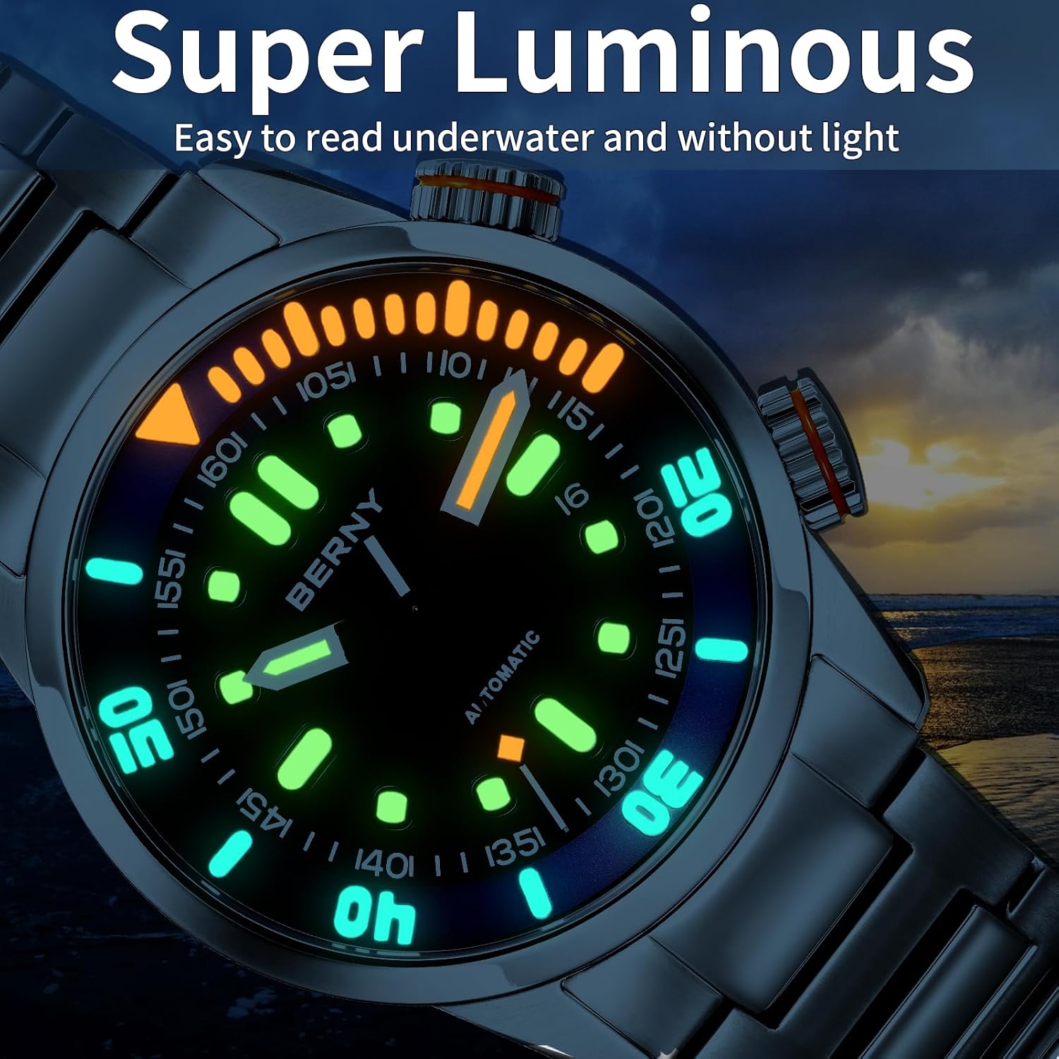 Detalle de BERNY Automatikuhr für Männer – 200 m Taucheruhr mit Saphirglas, Edelstahlband und Super-Lume