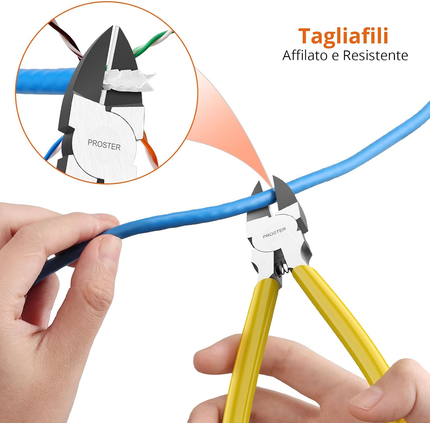 Detalle 2 de Proster Pinza Crimpatrice RJ45 Pass Through Multifunzione: Kit completo per connettori Cat5/6/7 con 50 connettori e protezioni