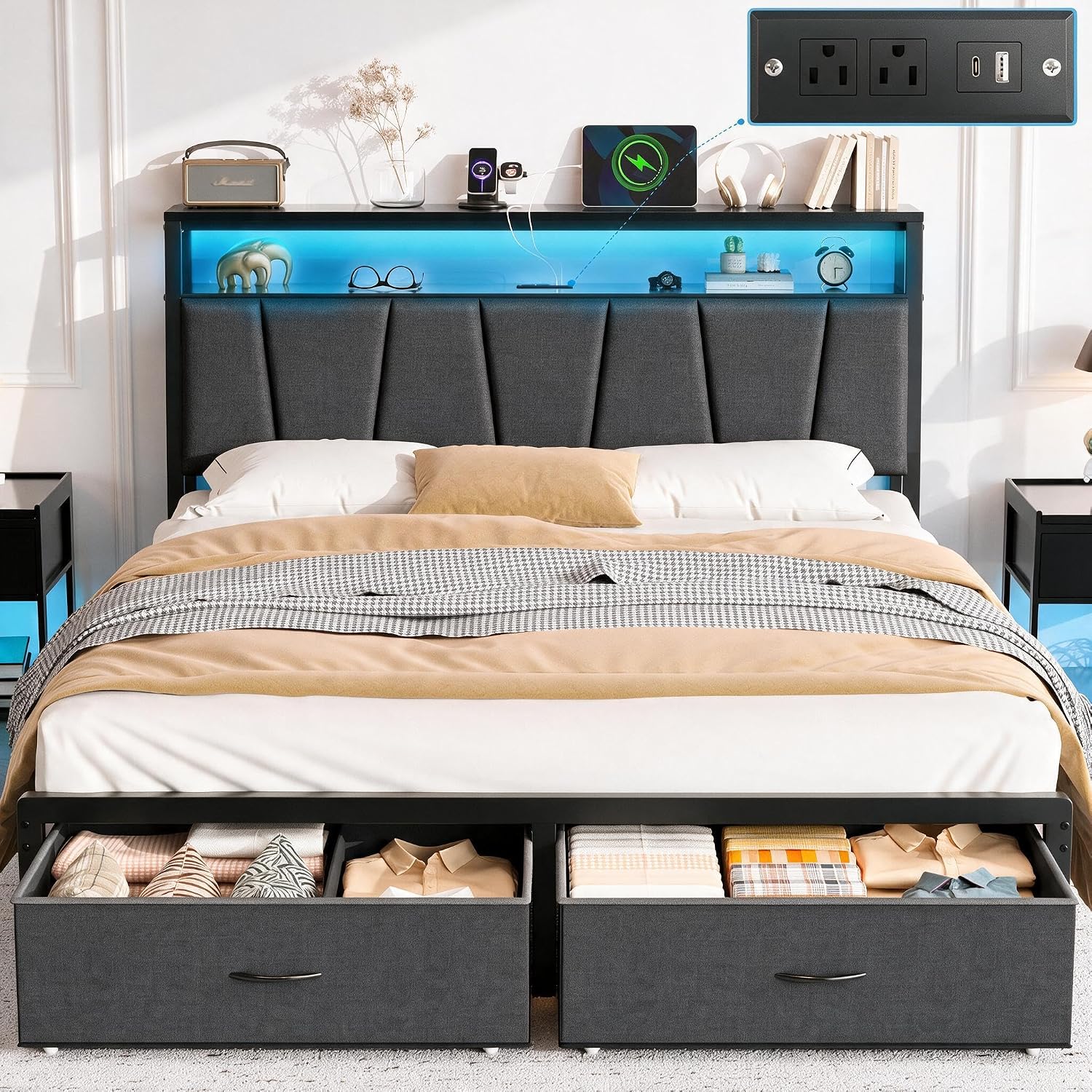 Detalle de FreeHouse FRH--096CJ-GQ Queen Platform Bed Frame with Storage and LED Lights