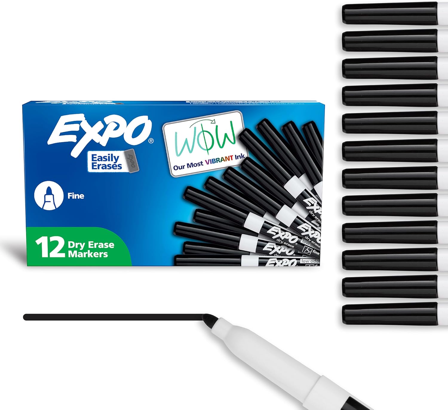 Detalle de EXPO Dry Erase Markers (Low Odor Ink) — Black Fine Tip, 12-Count