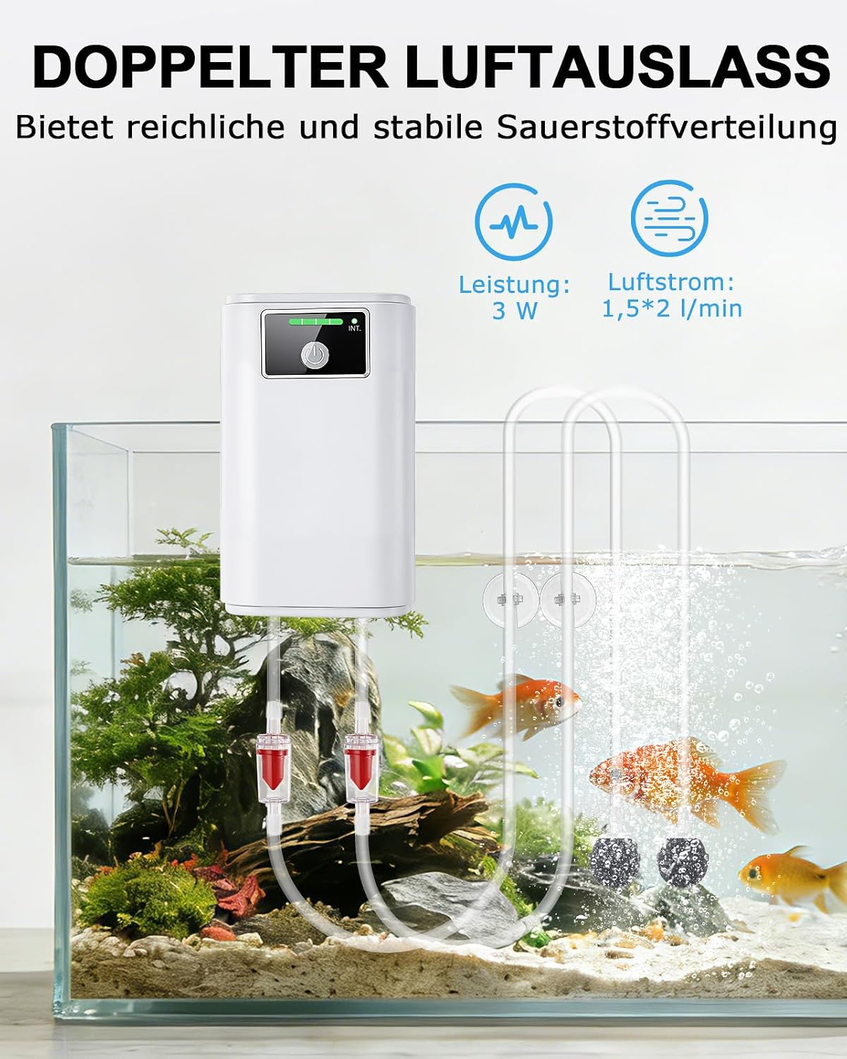 Thumbnail 1 de Petbank Aquarium Luftpumpe – USB, 2600mAh Akku, zweiphasige Stromversorgung, 2 Ausgänge
