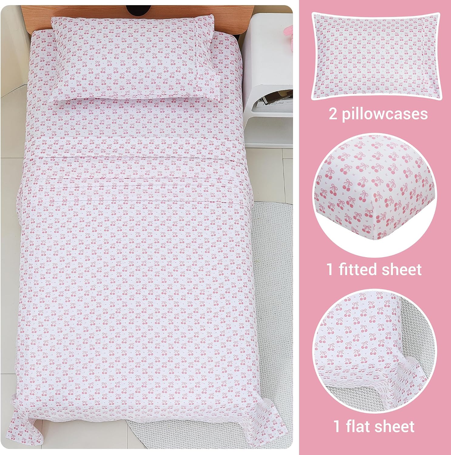 Detalle de Viviland Full Sheet Set for Girls, Pink Cherry Bow Microfibre, 4-Piece