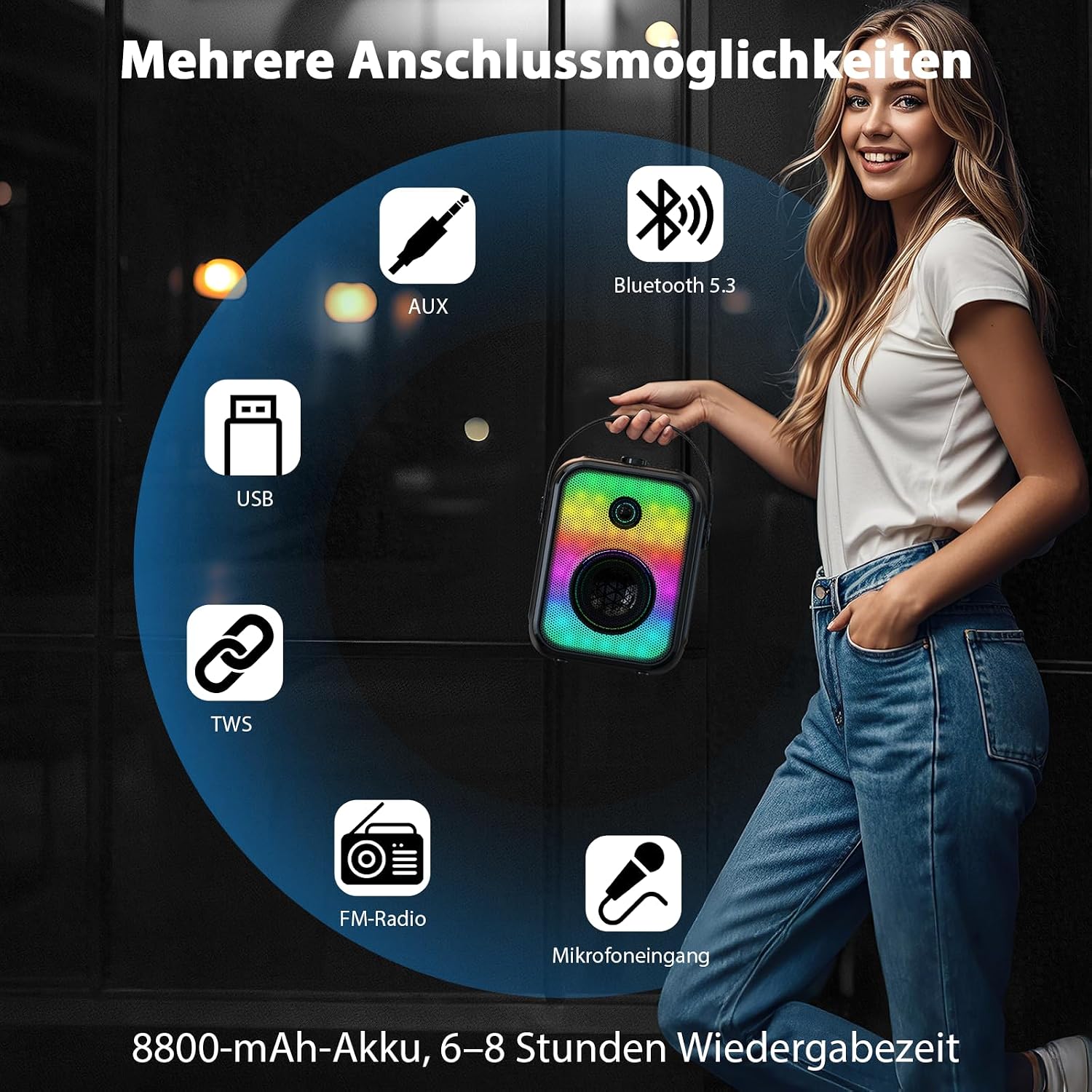 Thumbnail 6 de Karaoke Maschine für Erwachsene – 2 kabellose Mikrofone, tragbarer Bluetooth-Lautsprecher, TWS-Stereo, Bassregelung und LED-Beleuchtung