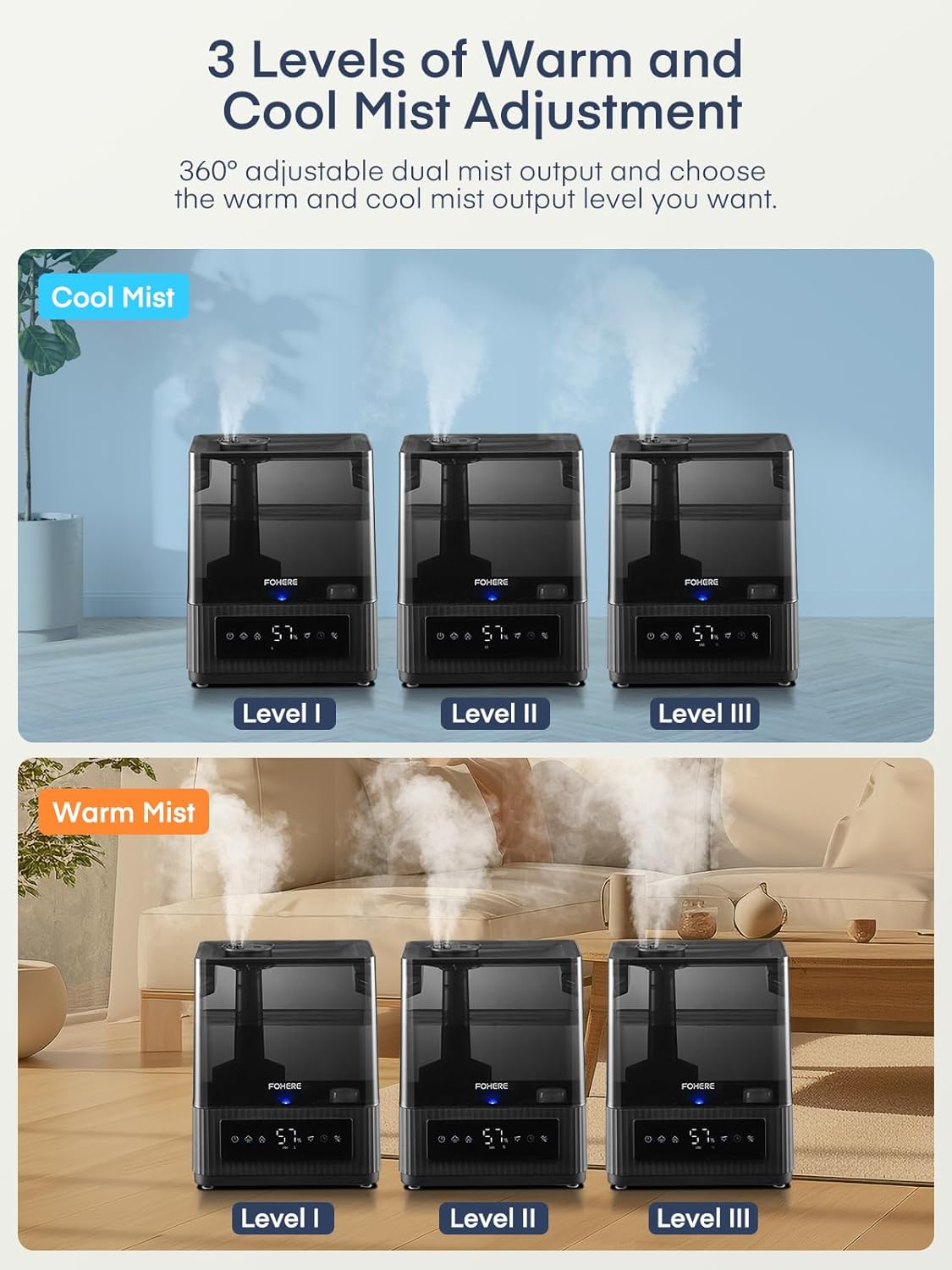 Thumbnail 6 de FOHERE 6L — Humidificateur à brume froide et chaude (ultrasonique) pour la maison, avec minuterie et mode sommeil