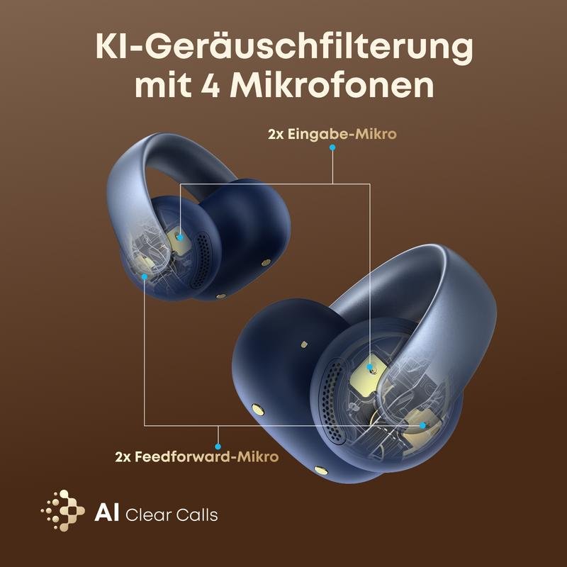 Detalle de soundcore AeroClip, auriculares abiertos Bluetooth 5.4 con control táctil, azules