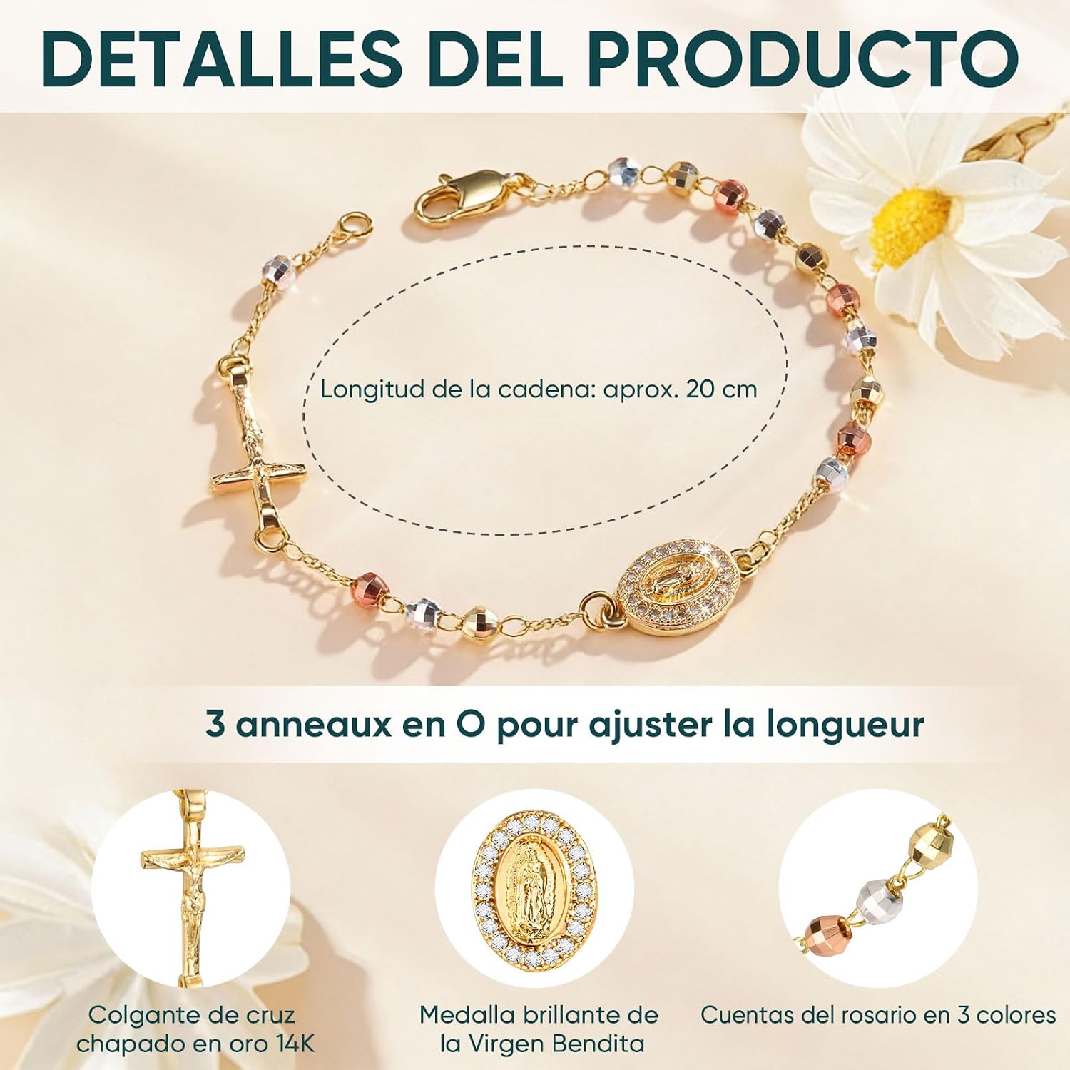 Detalle de VNOX Rosenkranz Armband Damen – Katholisch, Maria Anhänger, Kreuz Glaubensschmuck, religiöser Armreif
