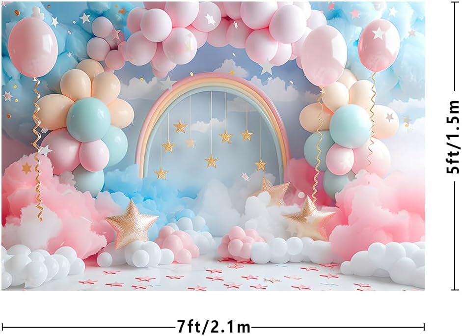Thumbnail 2 de MEHOFOND 7x5ft girls photography backdrop – colourful clouds & rainbow balloon arch style