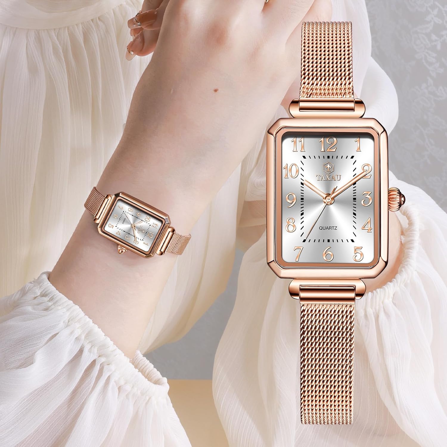 Detalle de Taxau Damenuhr eckig mit Edelstahl-Mesh-Armband, rechteckiges Quarz-Uhrwerk (roségold, wasserdicht)