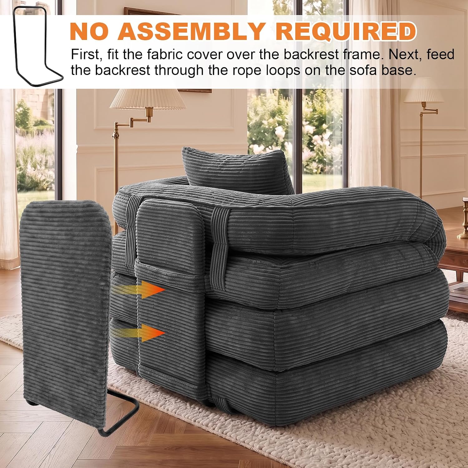 Detalle de CUBIOU Y8022-Dark Gray Convertible Sofa Bed, 3-in-1 Corduroy Floor Chair