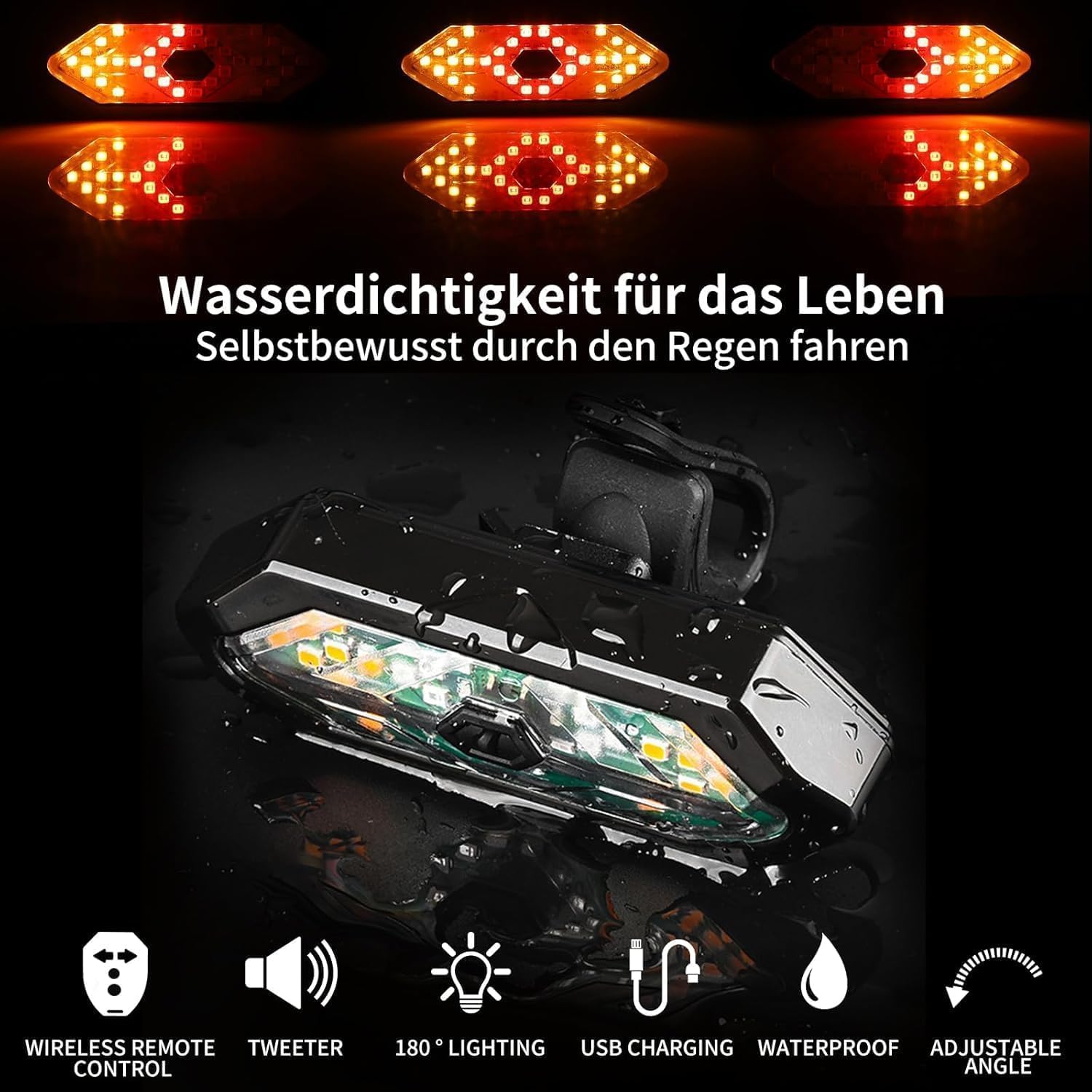 Thumbnail 6 de FXINRUIA e-knipperlicht voor scooter met USB-afstandsbediening, 32 leds en 5 standen