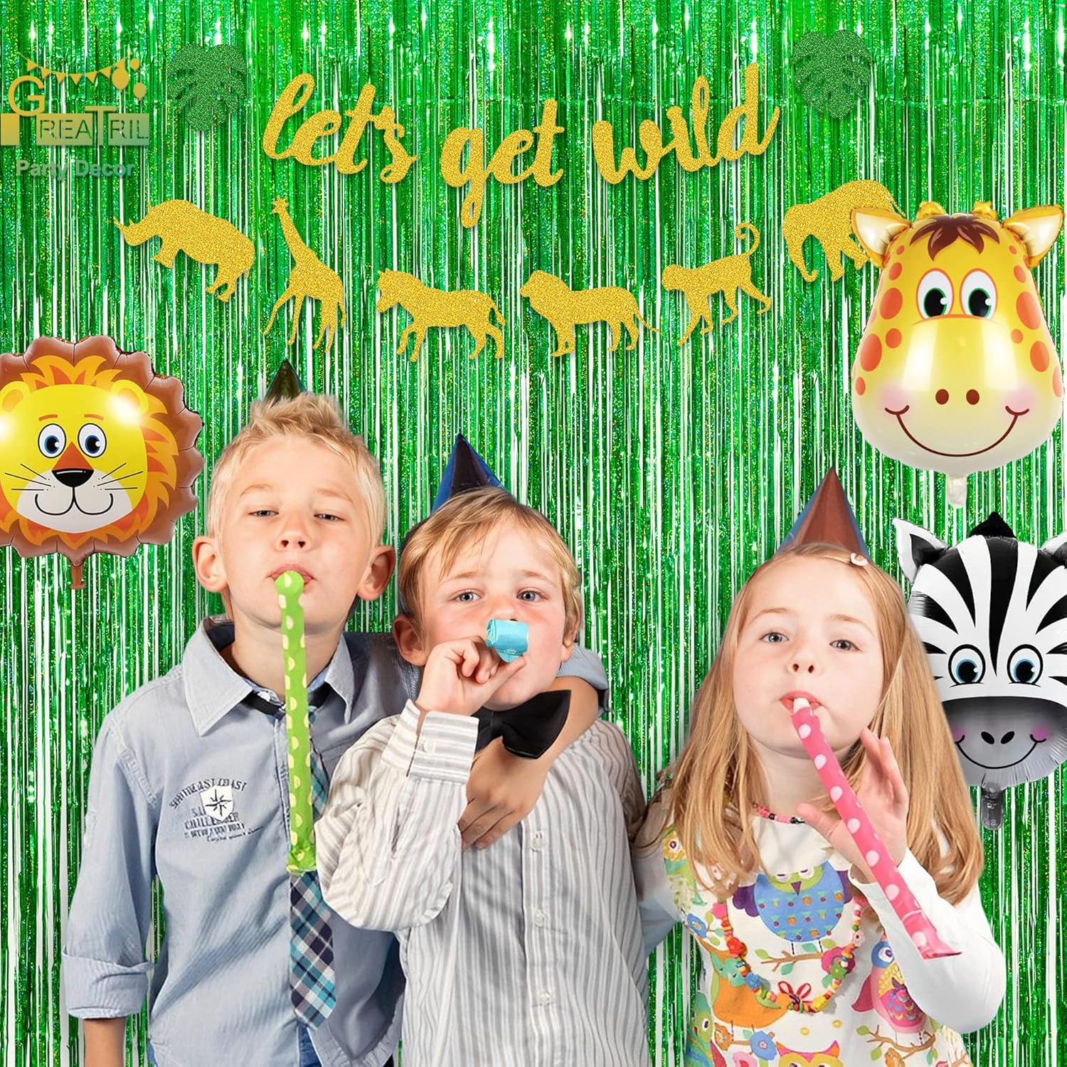 Thumbnail 4 de GREATRIL Lametta Vorhang Grün Glitzer – Party-Vorhänge als Foto-Hintergrund, Deko für Dino, Safari & Luau (2er-Set)