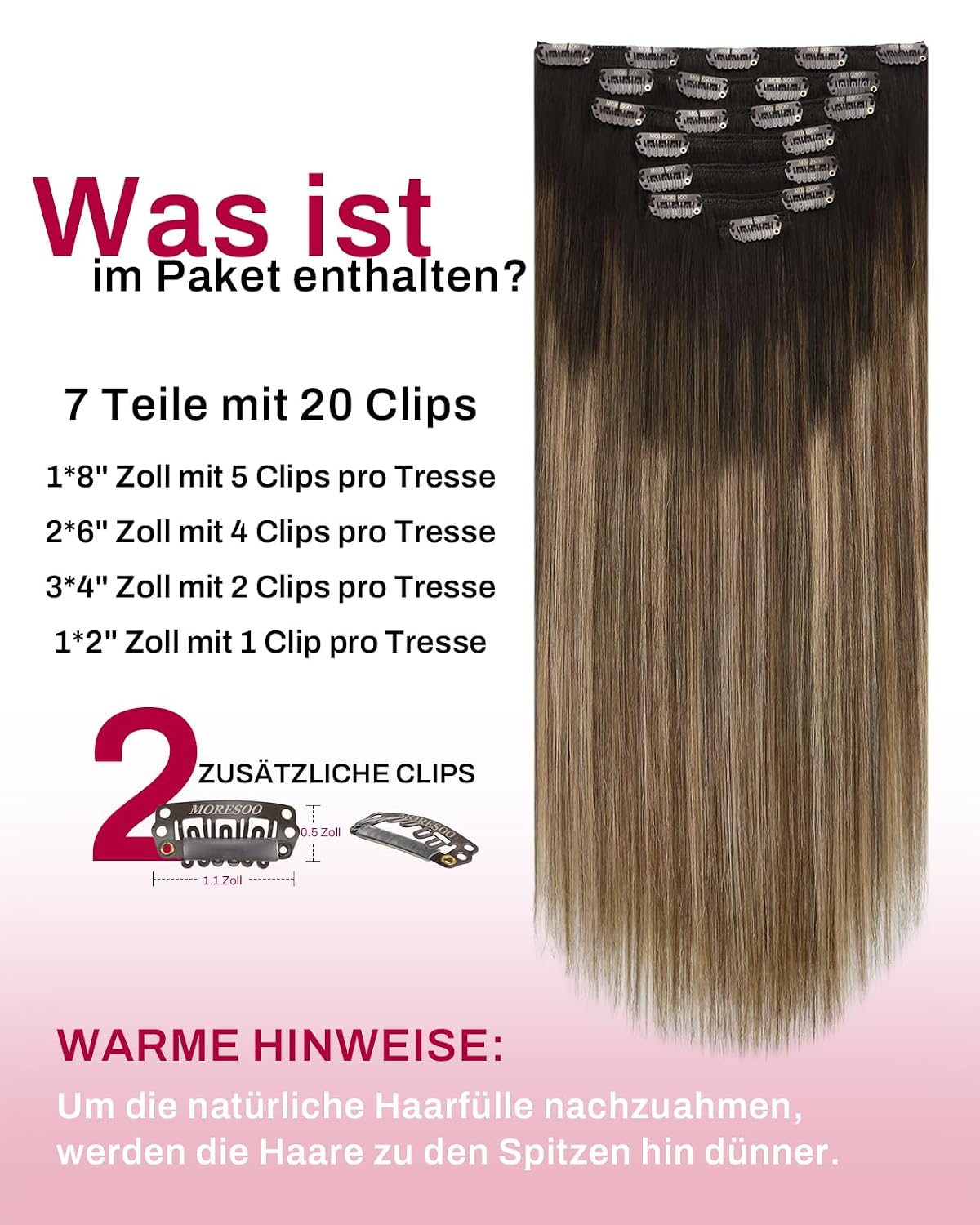 Thumbnail 2 de Moresoo Clip-in Extensions Echthaar – Salonqualität, 40 cm, 7 Stück, 135 g, #4/10/16 Braun zu Goldbraun
