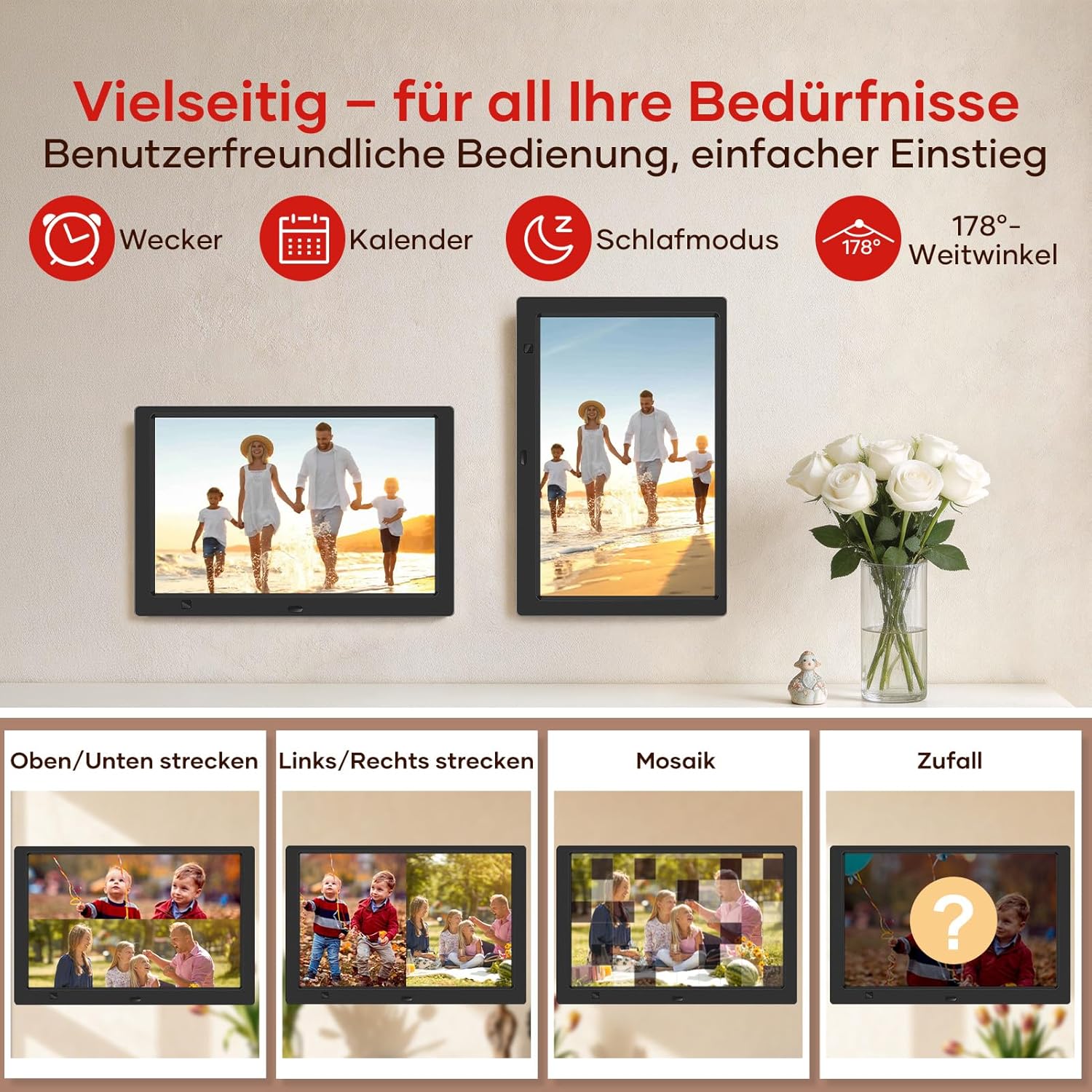 Detalle de Digitaler Bilderrahmen ohne WLAN 10,1 Zoll IPS – 32 GB USB-Stick, Bewegungssensor & Wandmontage
