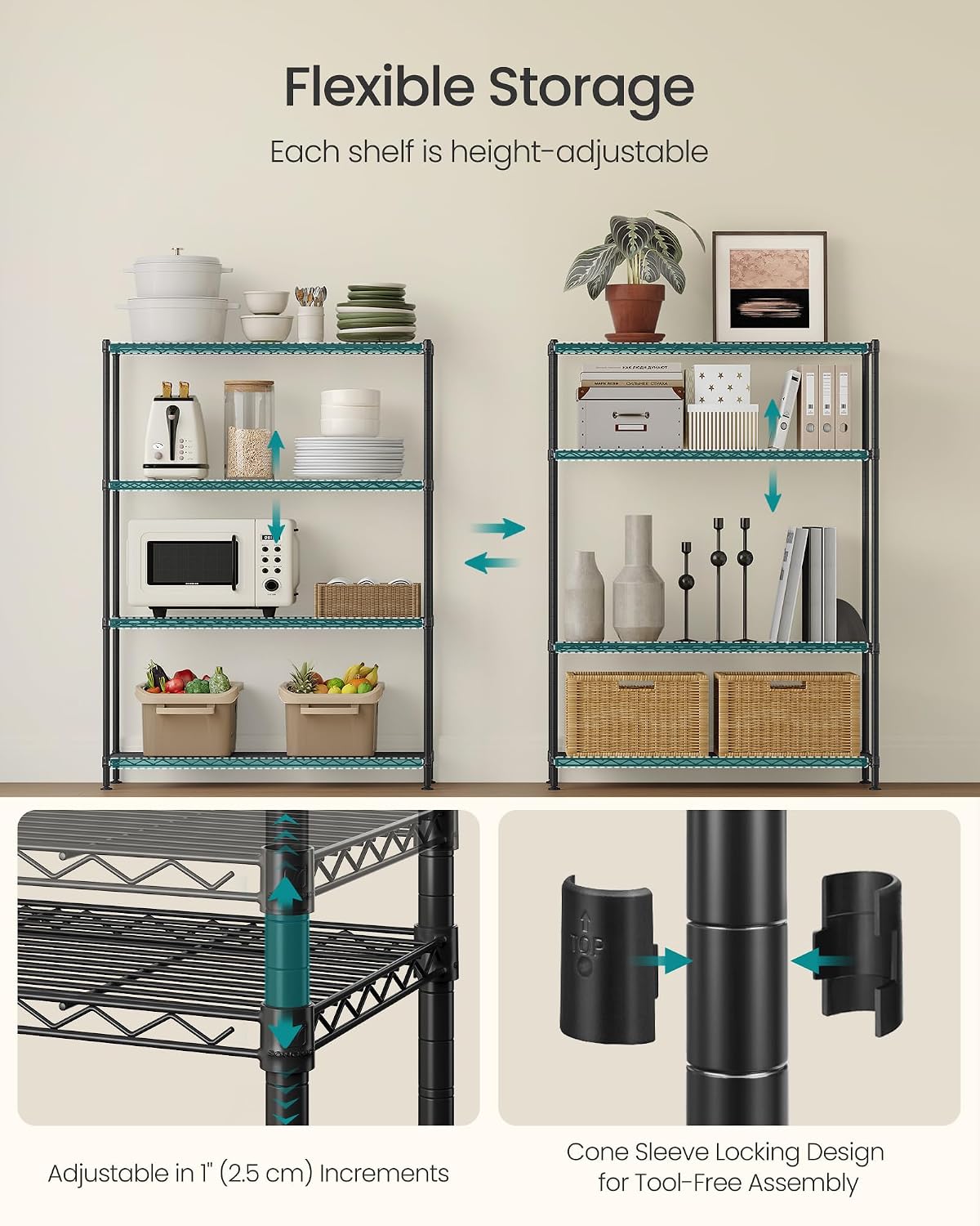Detalle de SONGMICS Storage Shelf, 4-Tier Metal Garage Shelving Unit, Adjustable Shelves, 30 x 90 x 121 cm, Ink Black (LGR194BH01)