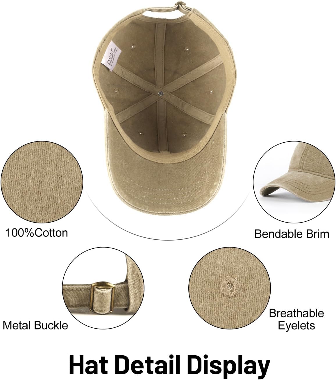 Detalle de Zylioo XL/XXL Vintage Basecap – Washed Cotton für große Köpfe