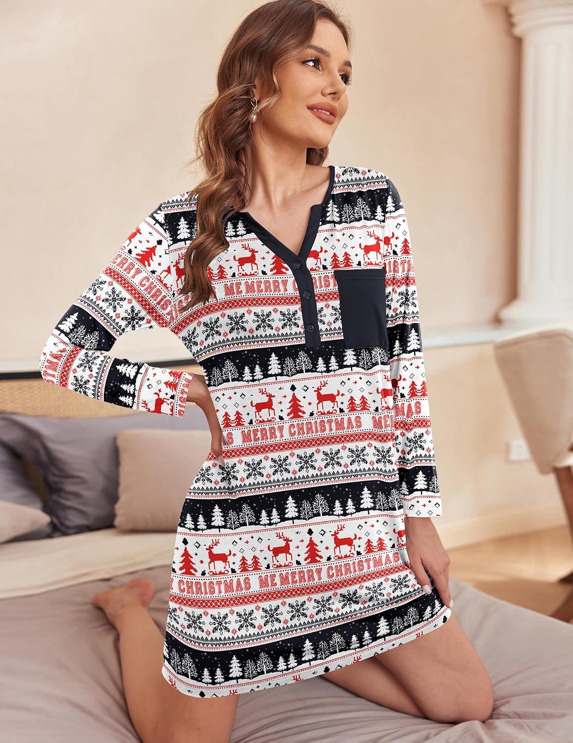 Detalle de Ekouaer Women's Long-Sleeve Button-Down V-Neck Nightshirt